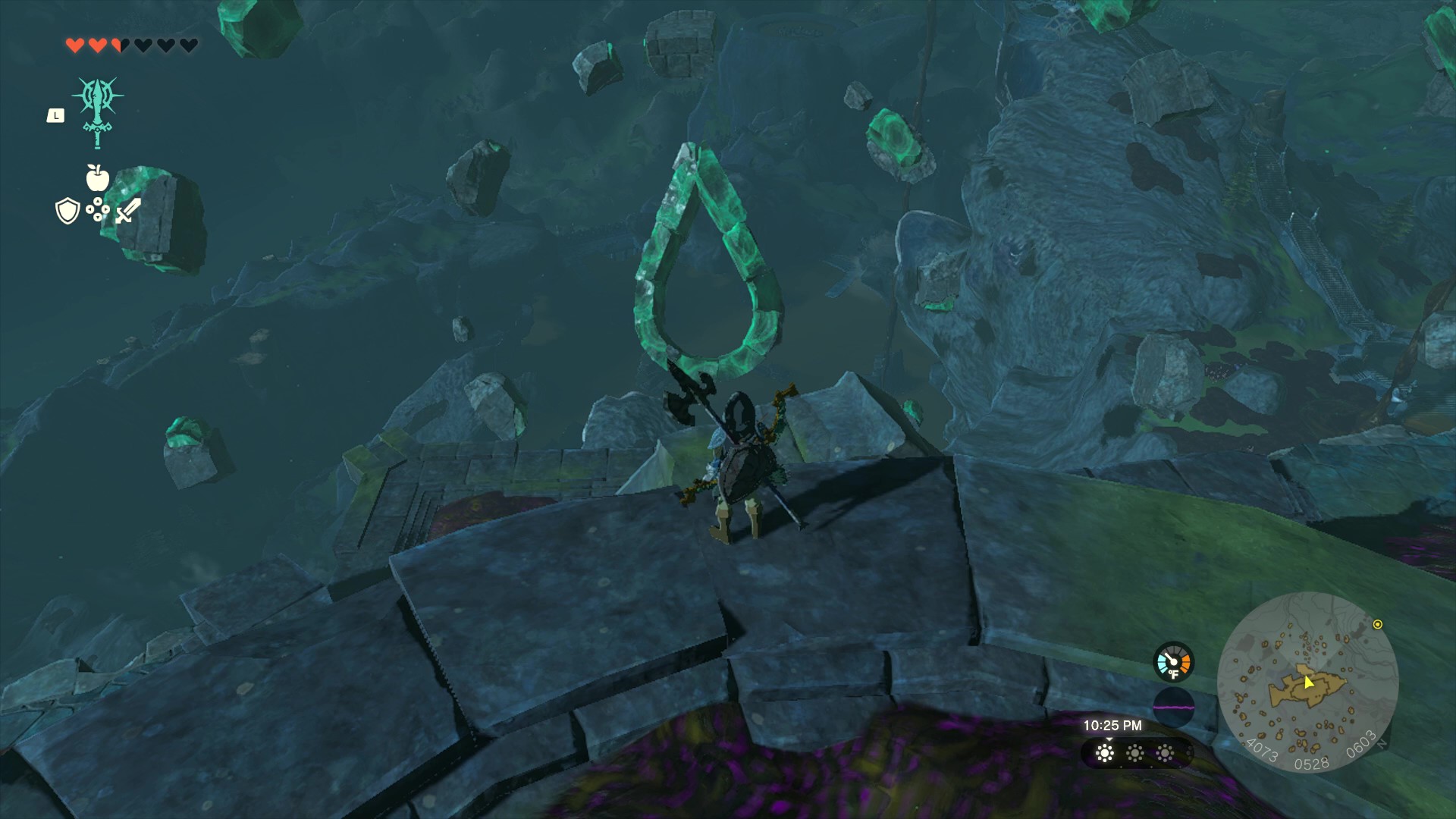 The Legend of Zelda: Tears of the Kingdom Link standing along the southern edge of Floating Scales Island facing debris in the shape of a scale.