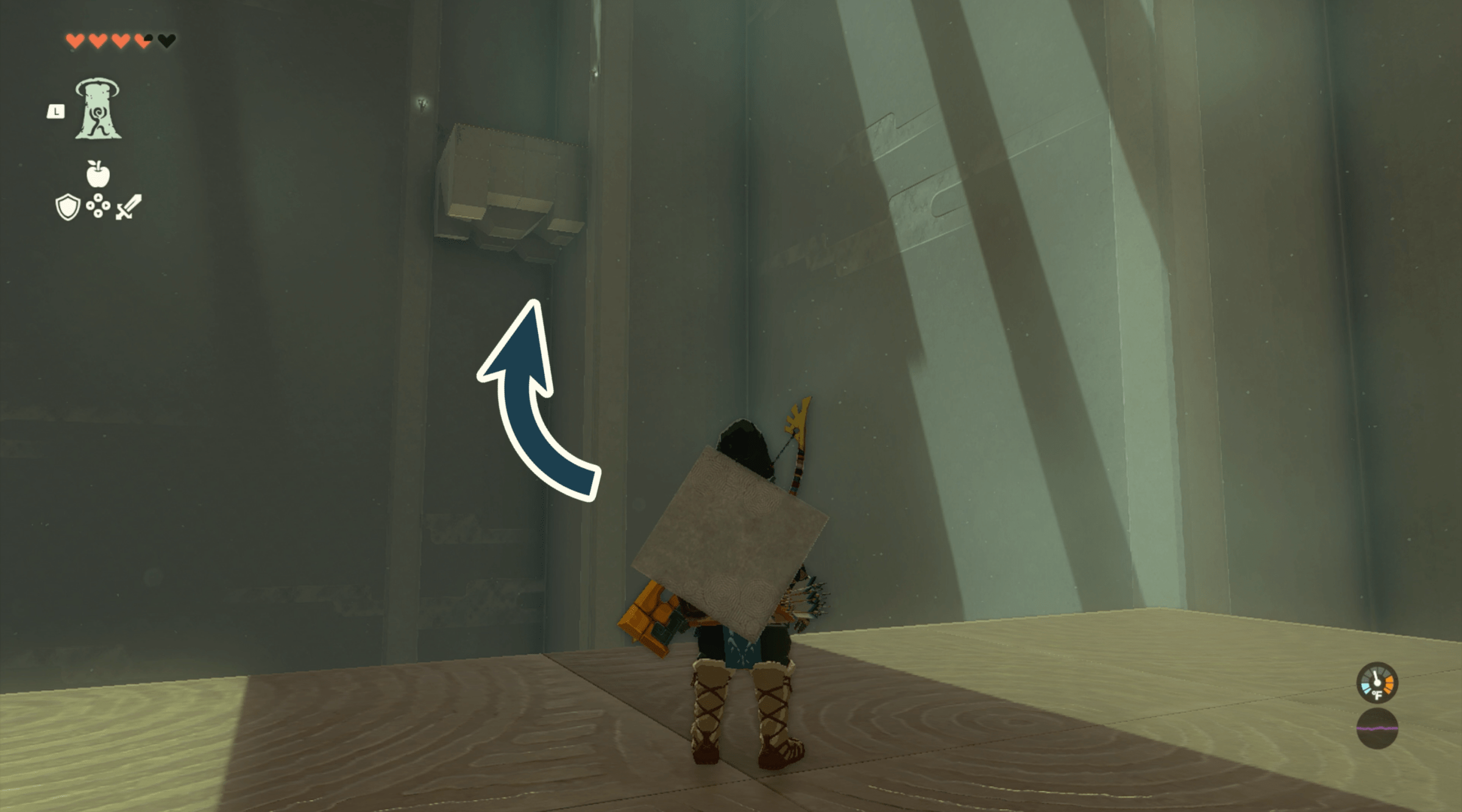 An image of Link in Mayaumekis Shrine in The Legend of Zelda: Tears of the Kingdom. The chest is located on a platform high up in the upper corner of a room.