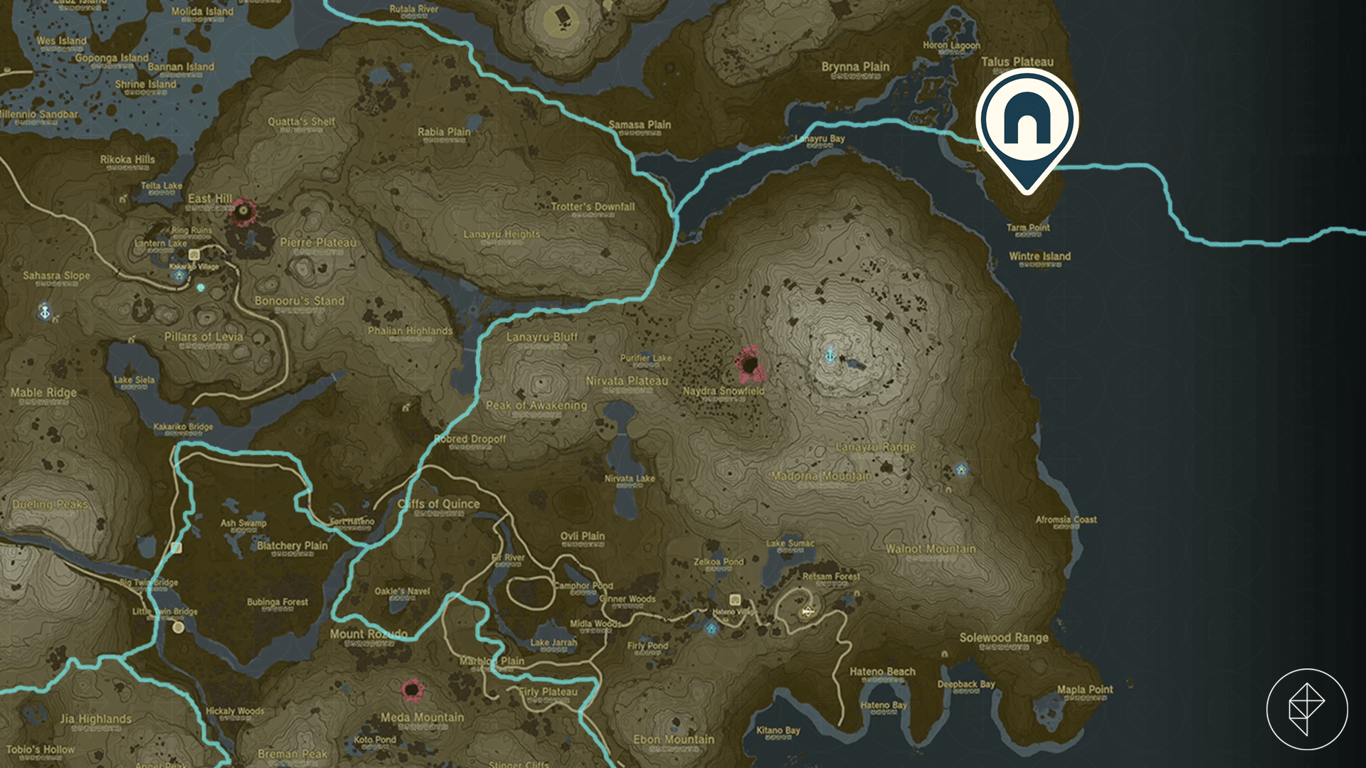 A map shows the entrance to Tarm Point Cave in Zelda: Tears of the Kingdom