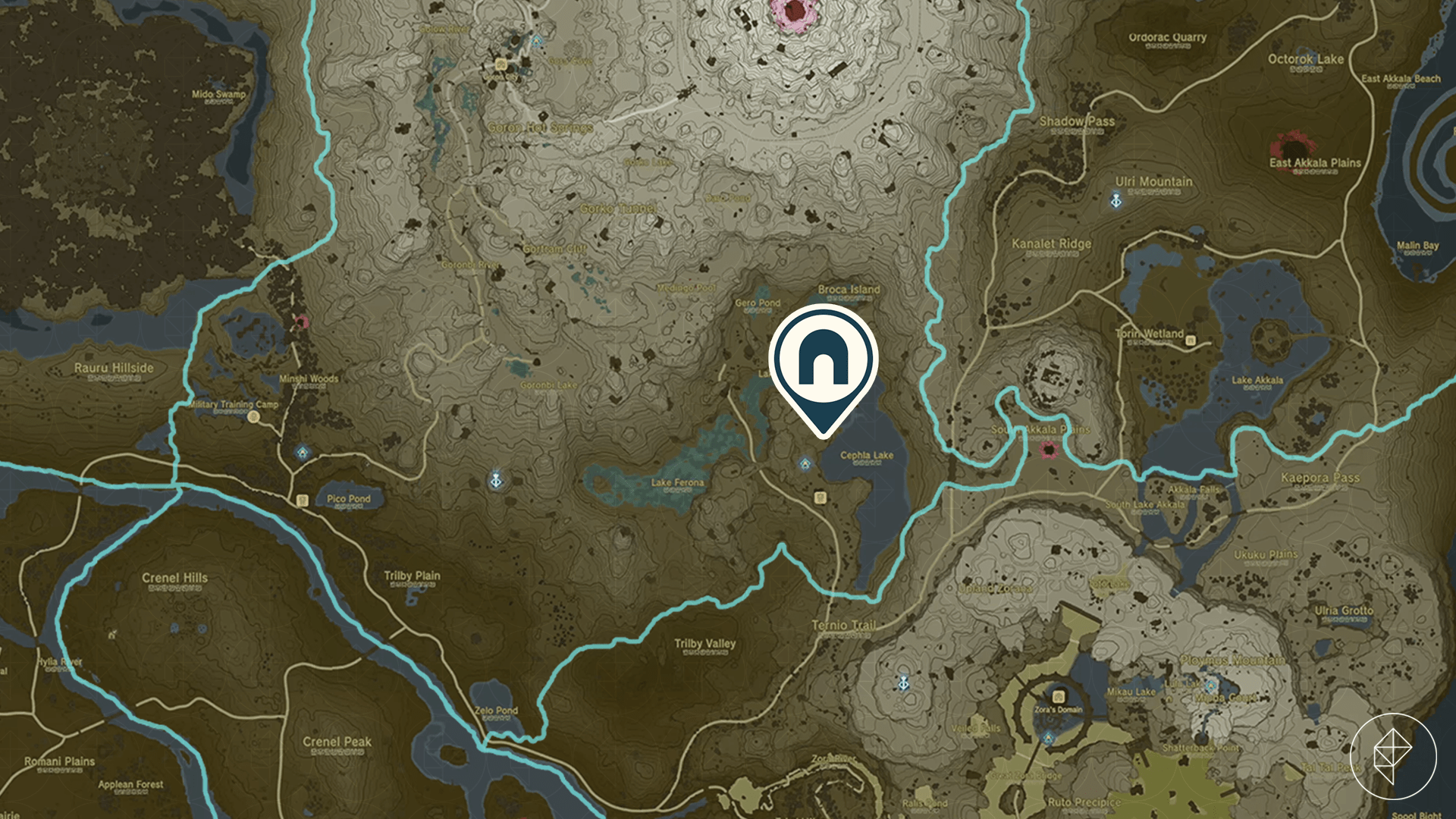The Legend of Zelda: Tears of the Kingdom map showing the location of Cephla Lake Cave.