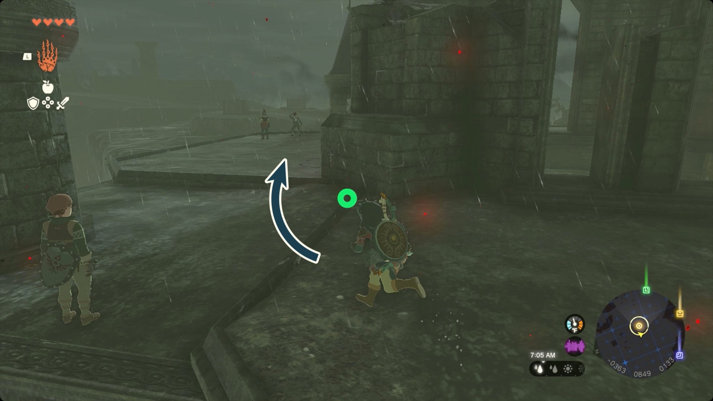 The Legend of Zelda: Tears of the Kingdom Link on the roof of the first gatehouse approaching Captain Hoz
