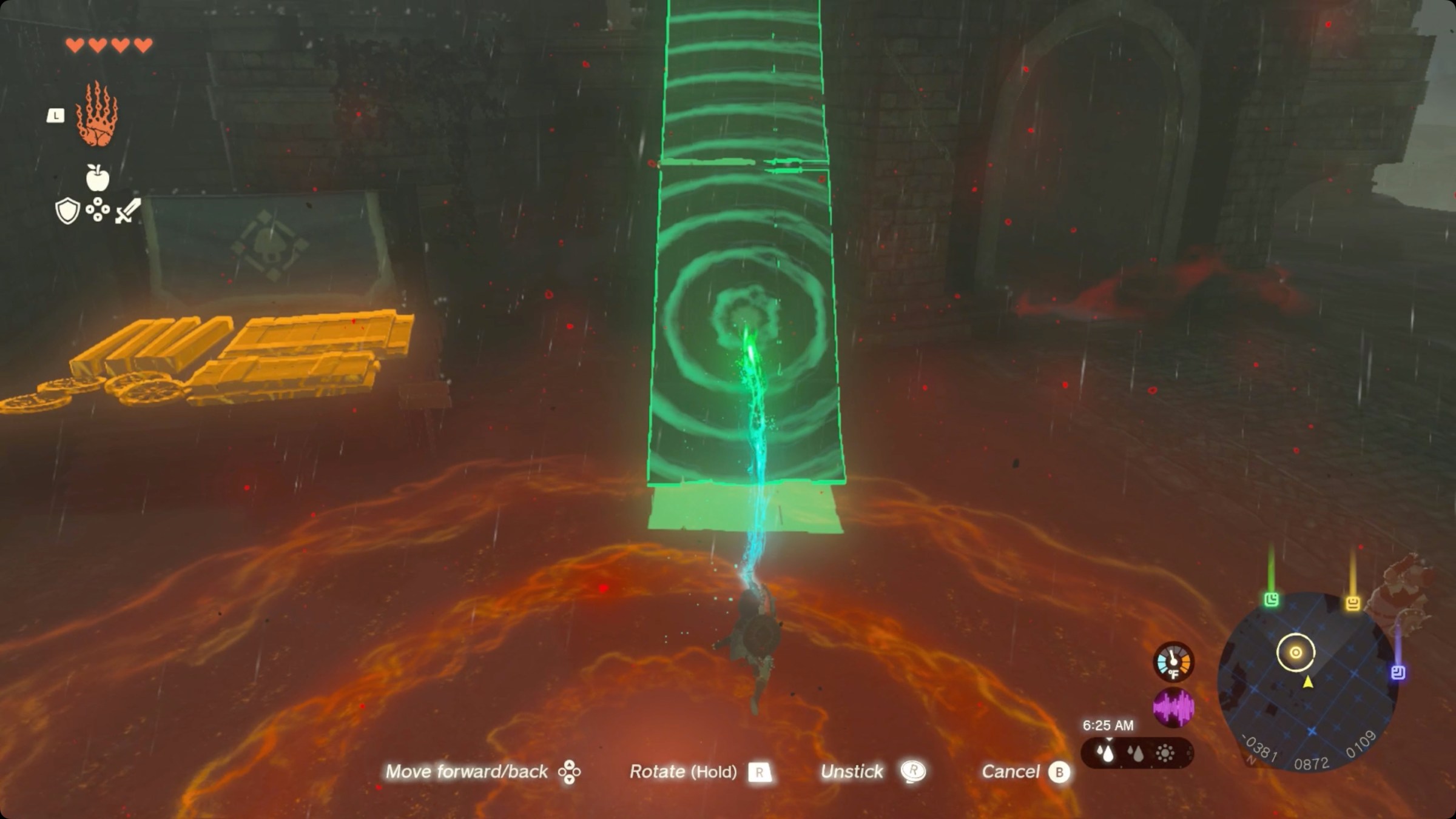 The Legend of Zelda: Tears of the Kingdom Link using Ultrahand to place a ramp up the gatehouse roof.