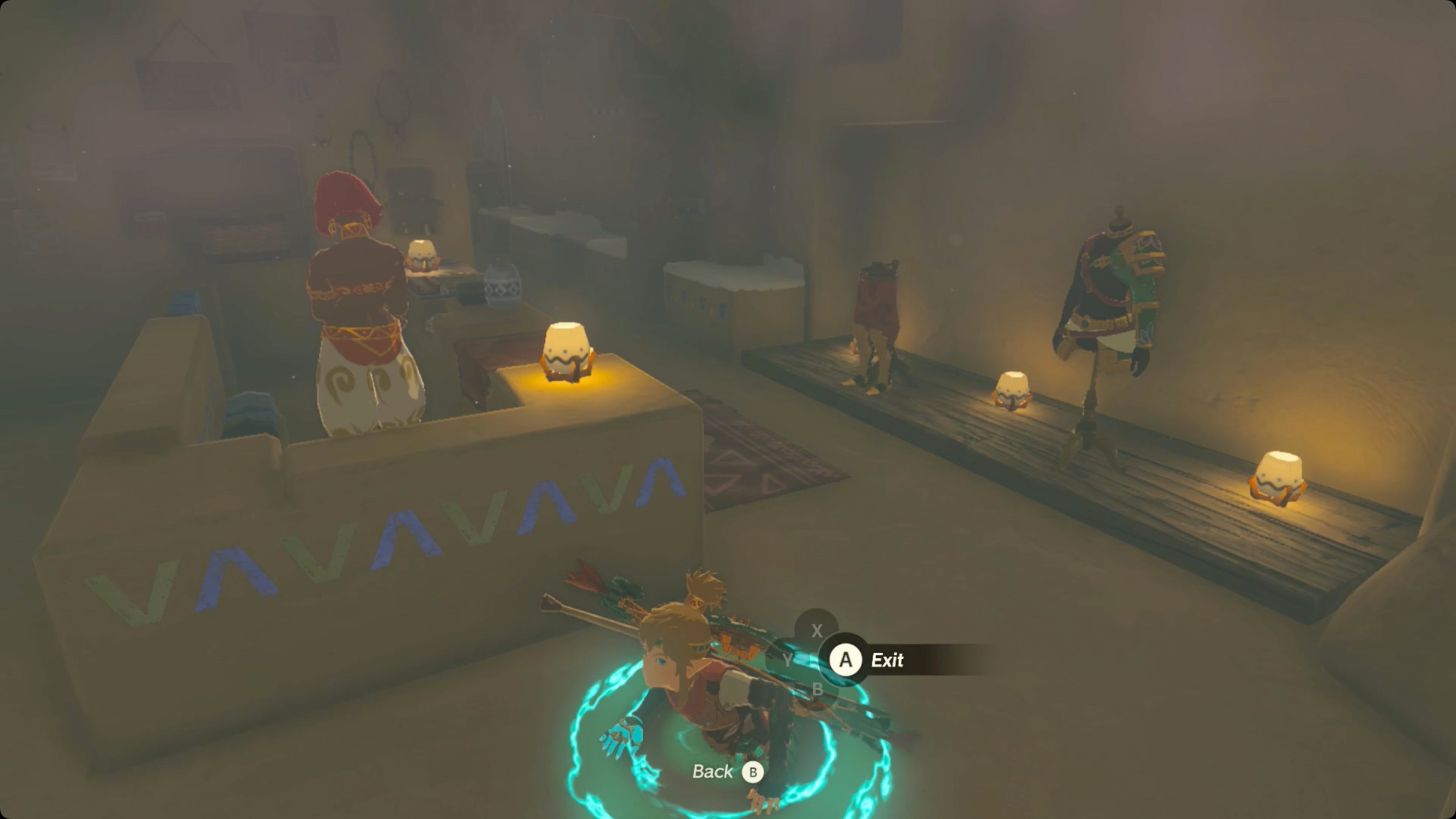 The Legend of Zelda: Tears of the Kingdom Link using Ascend to enter Fashion Passion in Gerudo Town. The Desert Voe Spaulding and Trousers location are for sale on the right.