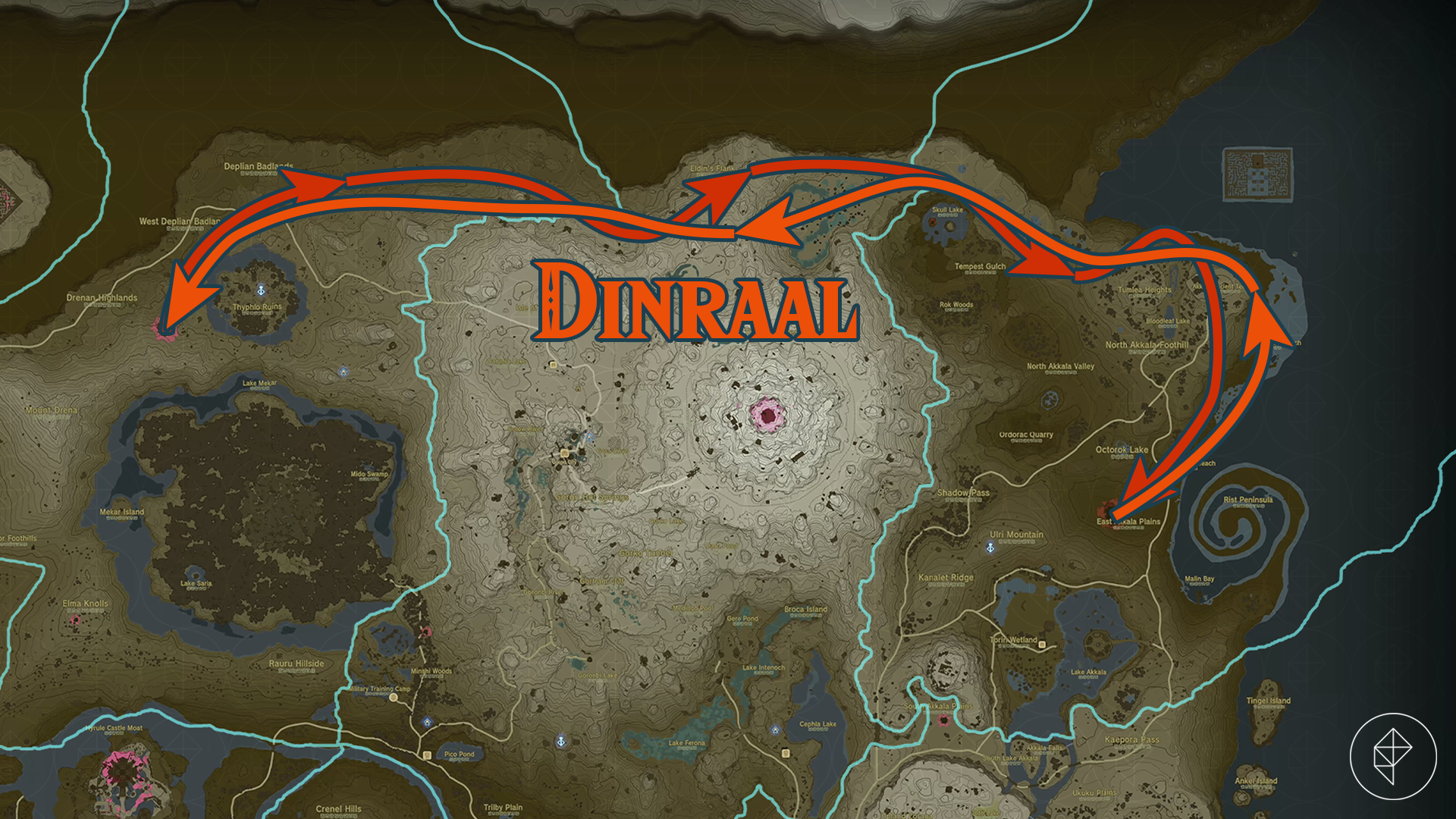 A map shows the route of Dinraal the dragon in Zelda: Tears of the Kingdom.