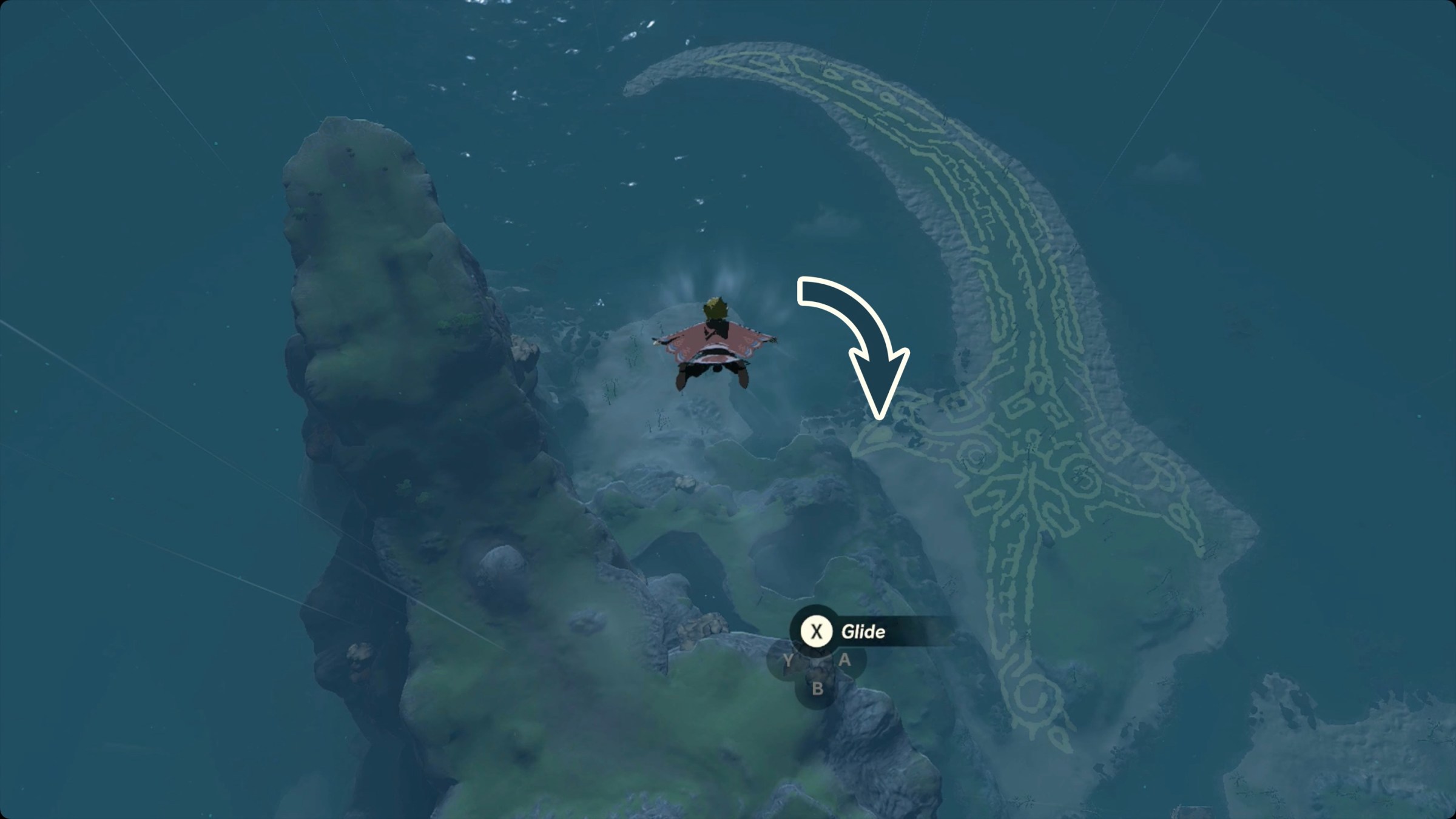 The Legend of Zelda: Tears of the Kingdom Link flying near the Sonia is Caught by Treachery geoglyph with the Tear of the Dragon location marked.