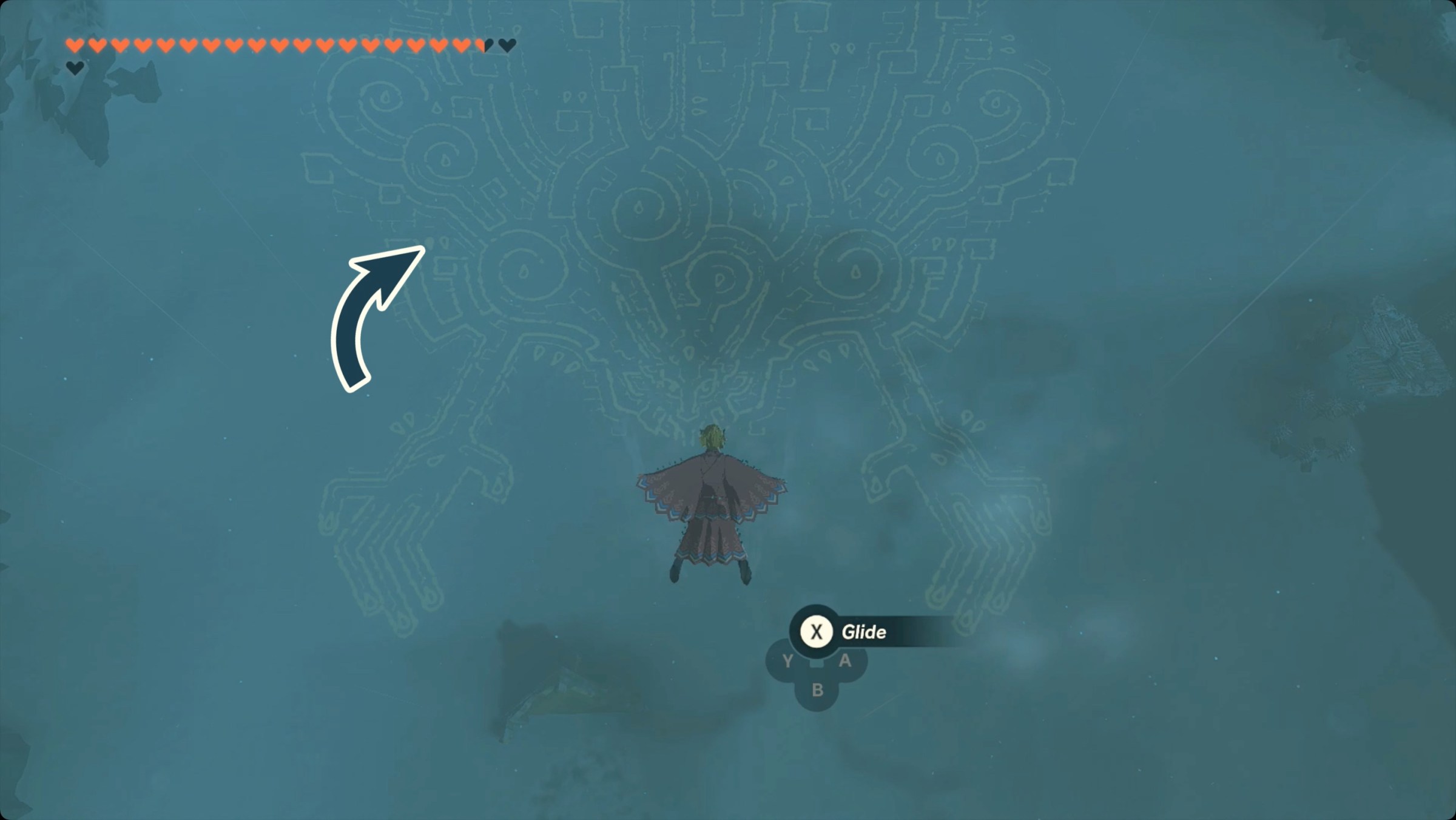 The Legend of Zelda: Tears of the Kingdom Link flying near the Birth of the Demon King geoglyph with the Tear of the Dragon location marked.