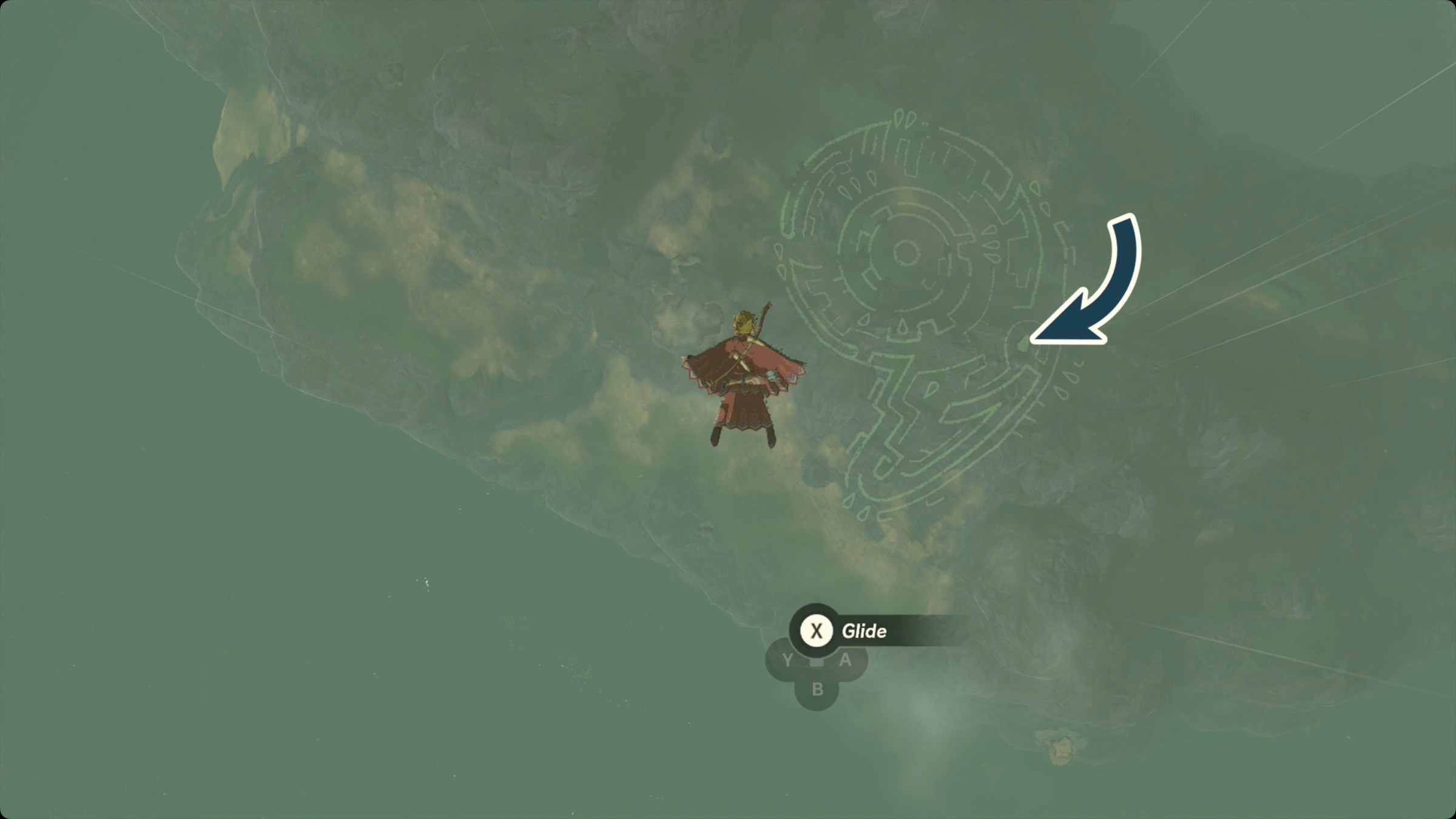 The Legend of Zelda: Tears of the Kingdom Link flying near the The Sages’ Vow geoglyph with the Tear of the Dragon location marked.