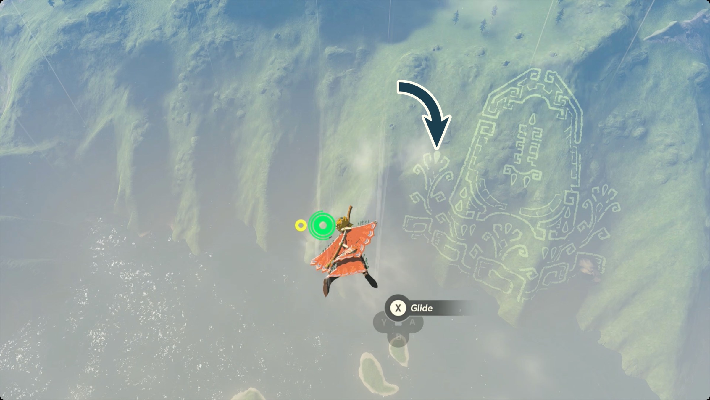 The Legend of Zelda: Tears of the Kingdom Link flying near the The Sages’ Vow geoglyph with the Tear of the Dragon location marked.