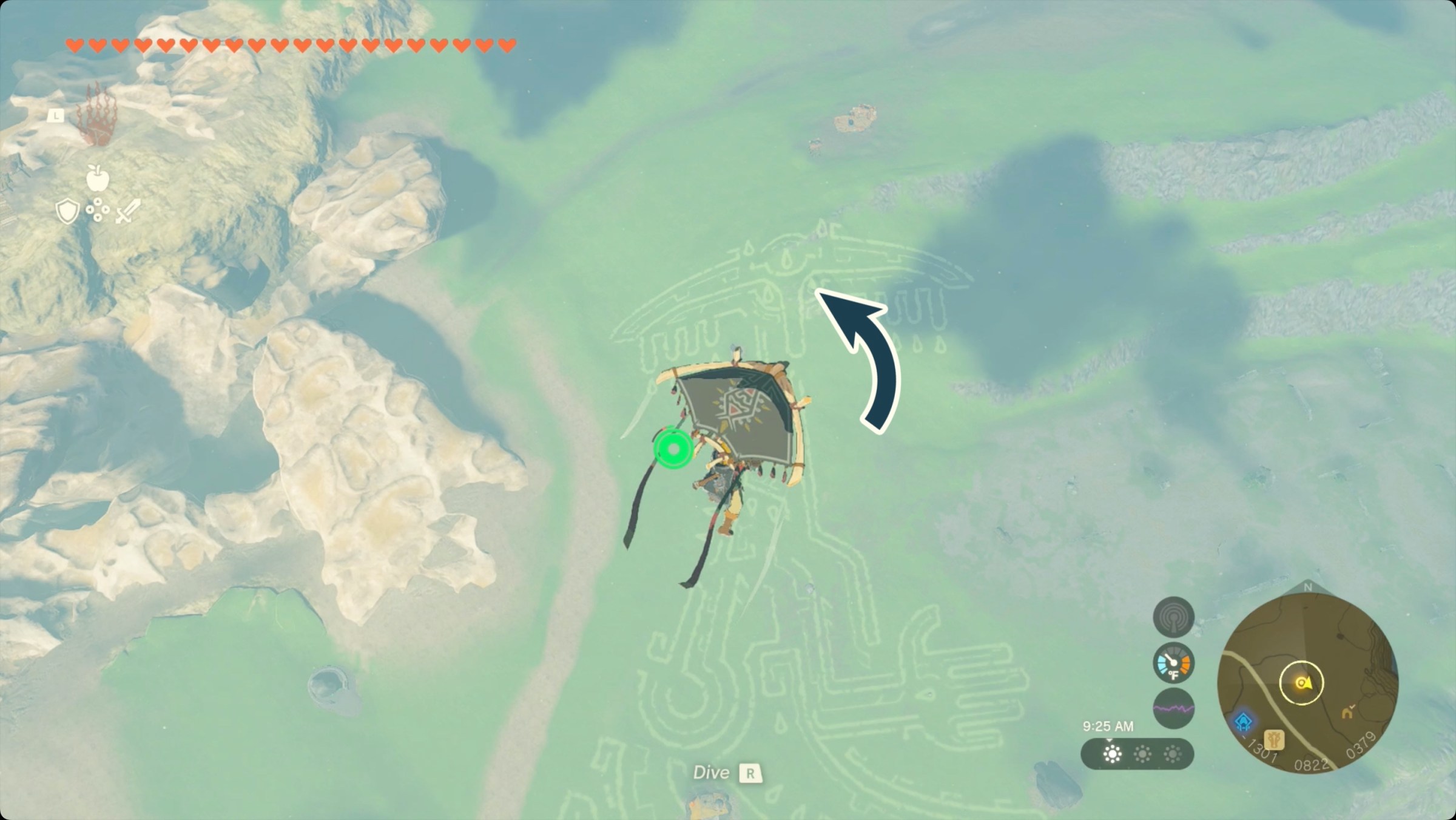 The Legend of Zelda: Tears of the Kingdom Link flying near the Where Am I? geoglyph with the Tear of the Dragon location marked.