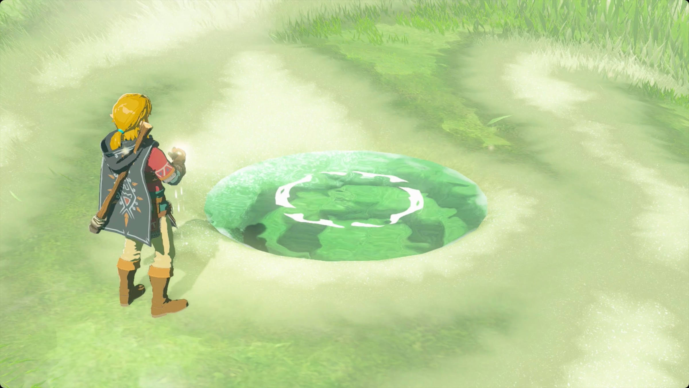 The Legend of Zelda: Tears of the Kingdom Link standing next to a Tear of the Dragon pool.