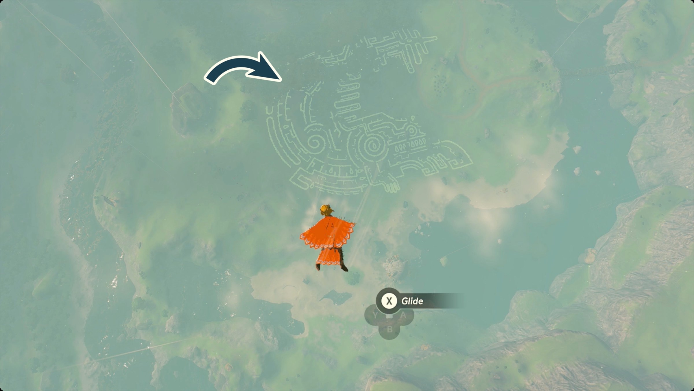 The Legend of Zelda: Tears of the Kingdom Link flying near the The Gerudo Assault geoglyph with the Tear of the Dragon location marked.