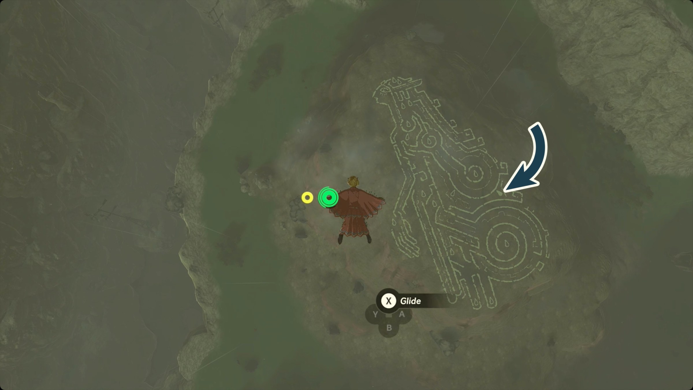 The Legend of Zelda: Tears of the Kingdom Link flying near the Zelda and Sonia geoglyph with the Tear of the Dragon location marked.