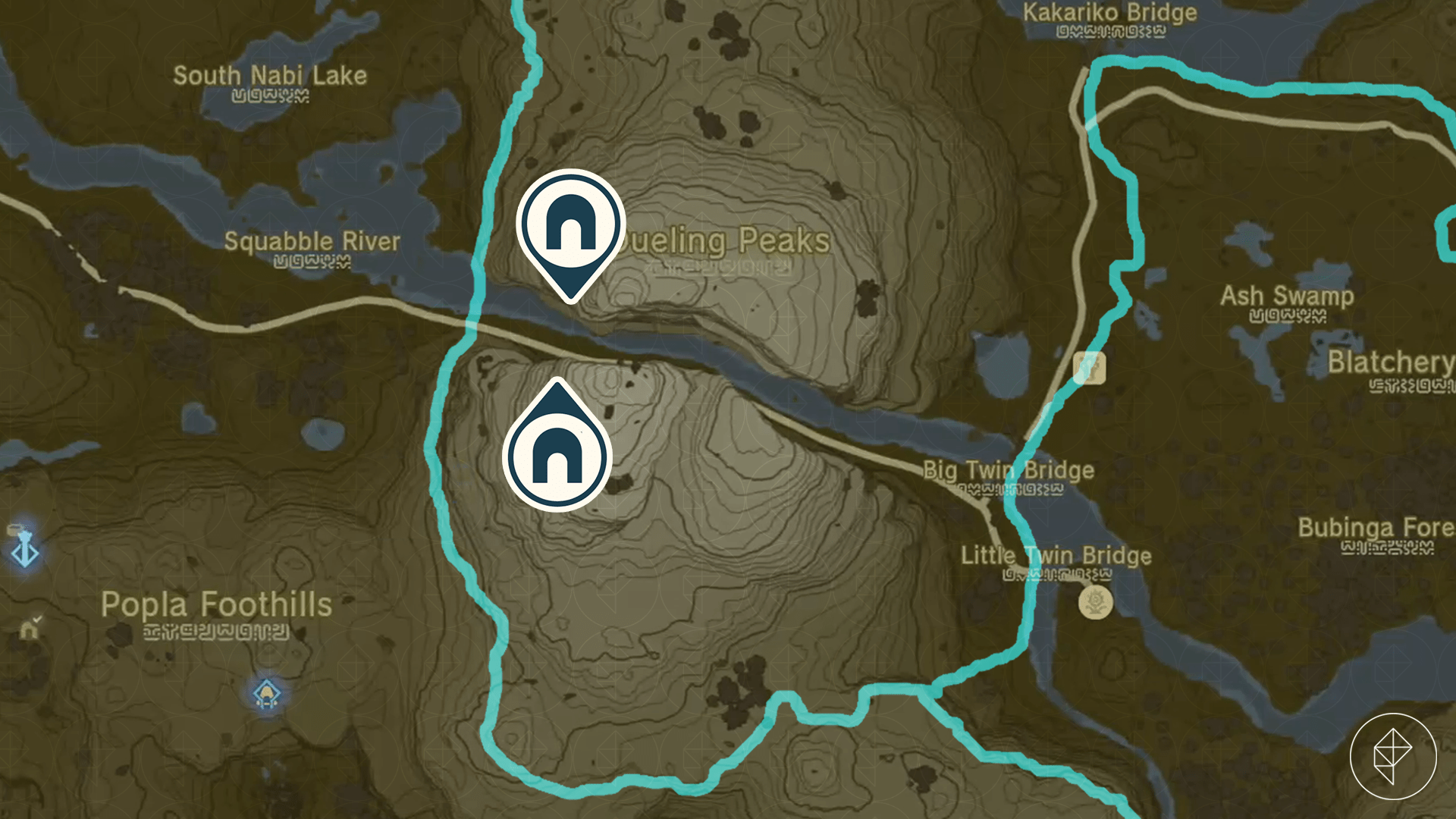 The Legend of Zelda: Tears of the Kingdom map showing the locations of Dueling Peaks North Cave and Dueling Peak South Cave.