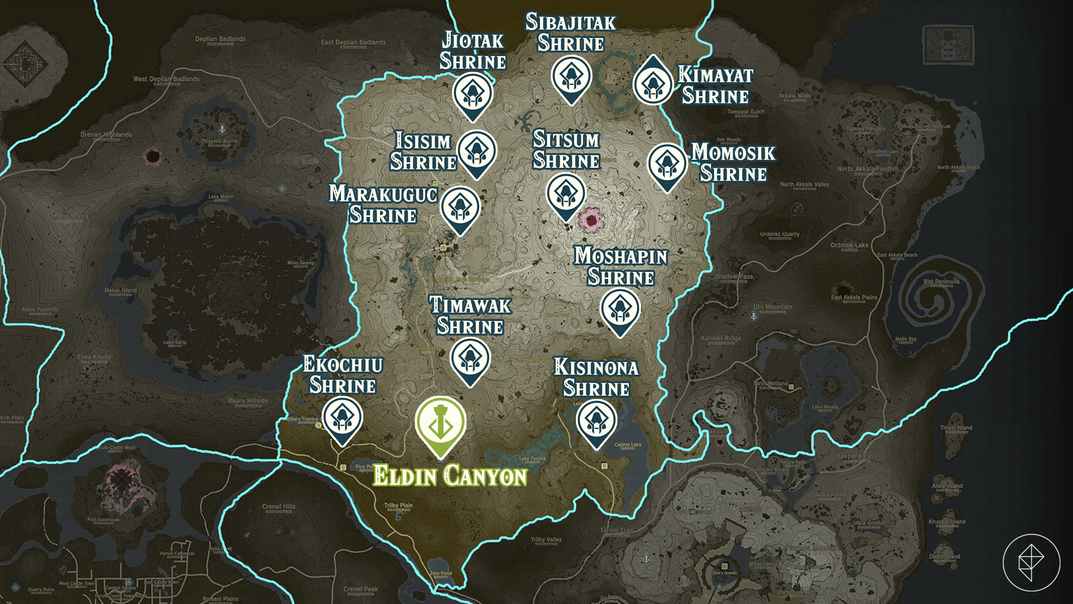 Zelda Tears of the Kingdom map of the Eldin Canyon region with shrine locations marked