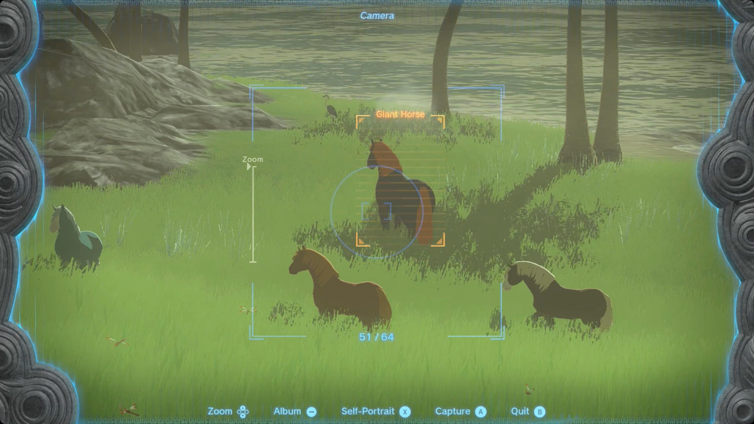 The Legend of Zelda: Tears of the Kingdom Link using the camera to take a photo of Ganon’s Giant Horse.