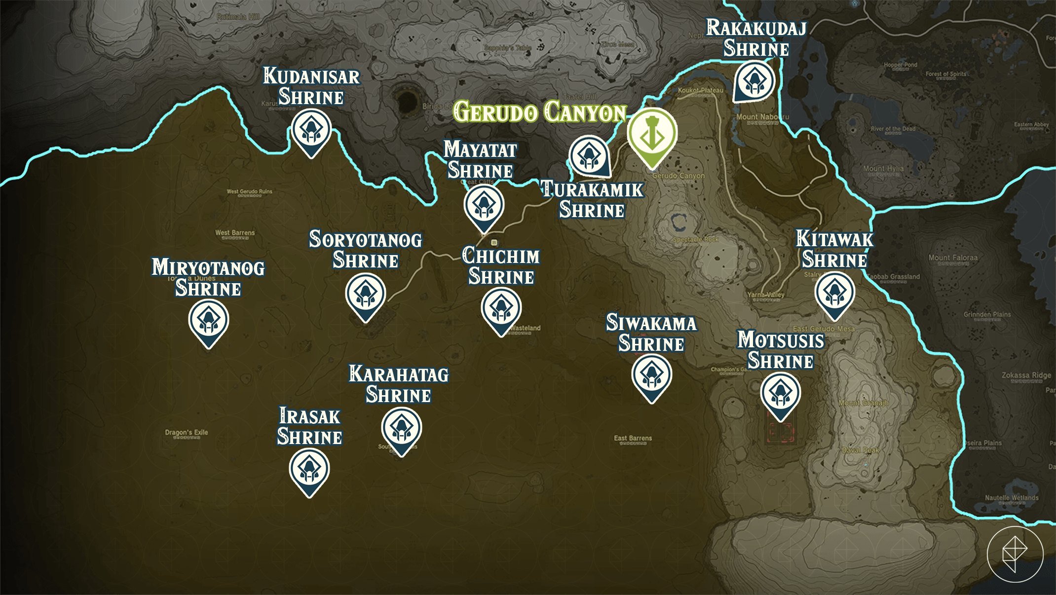 Zelda Tears of the Kingdom map of the Gerudo Canyon region with shrine locations marked