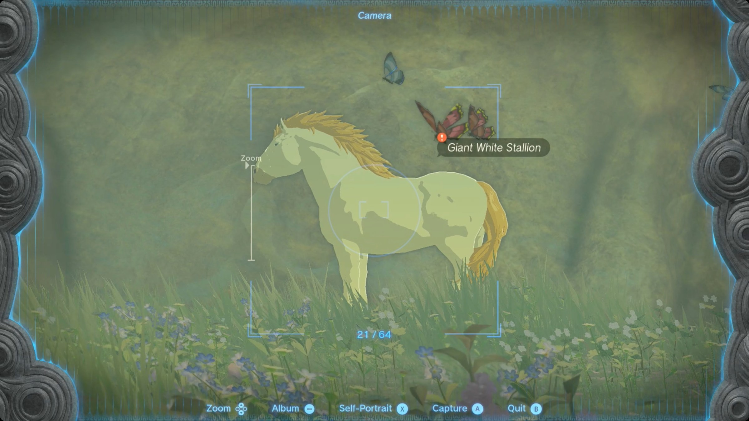 The Legend of Zelda: Tears of the Kingdom using the camera to take a picture of the Giant White Stallion posing majestically.