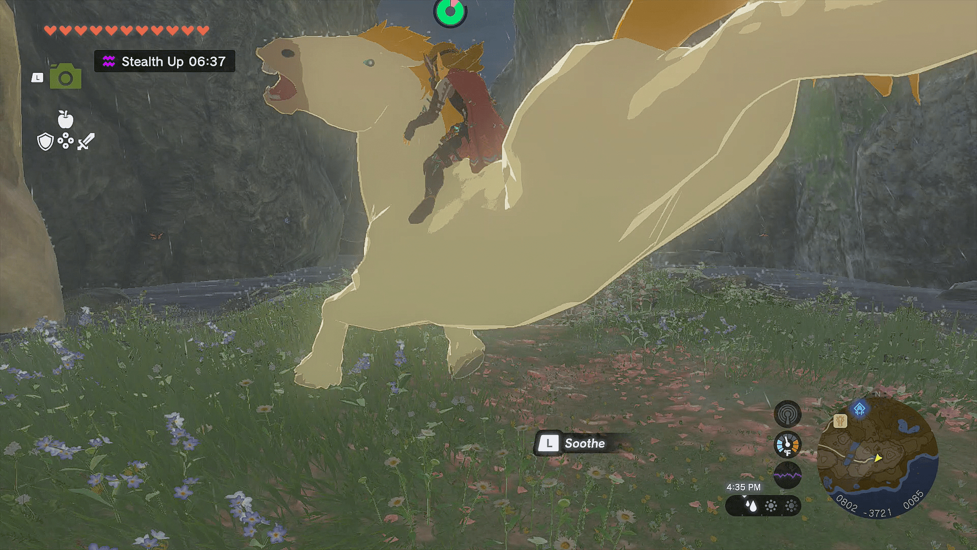 The Legend of Zelda: Tears of the Kingdom Link attempting to soothe the Giant White Stallion while it bucks dramatically