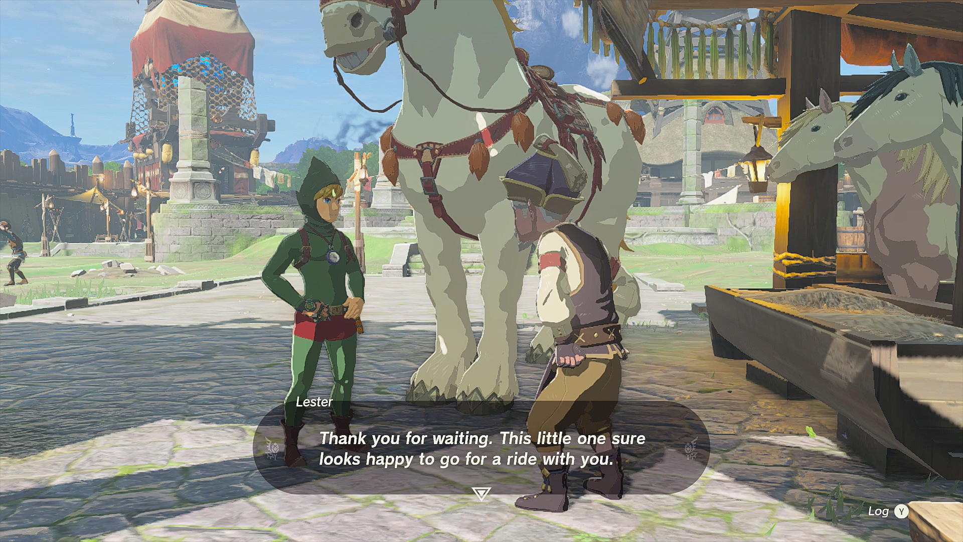 The Legend of Zelda: Tears of the Kingdom Link and Lester at the mini stable in Lookout Landing
