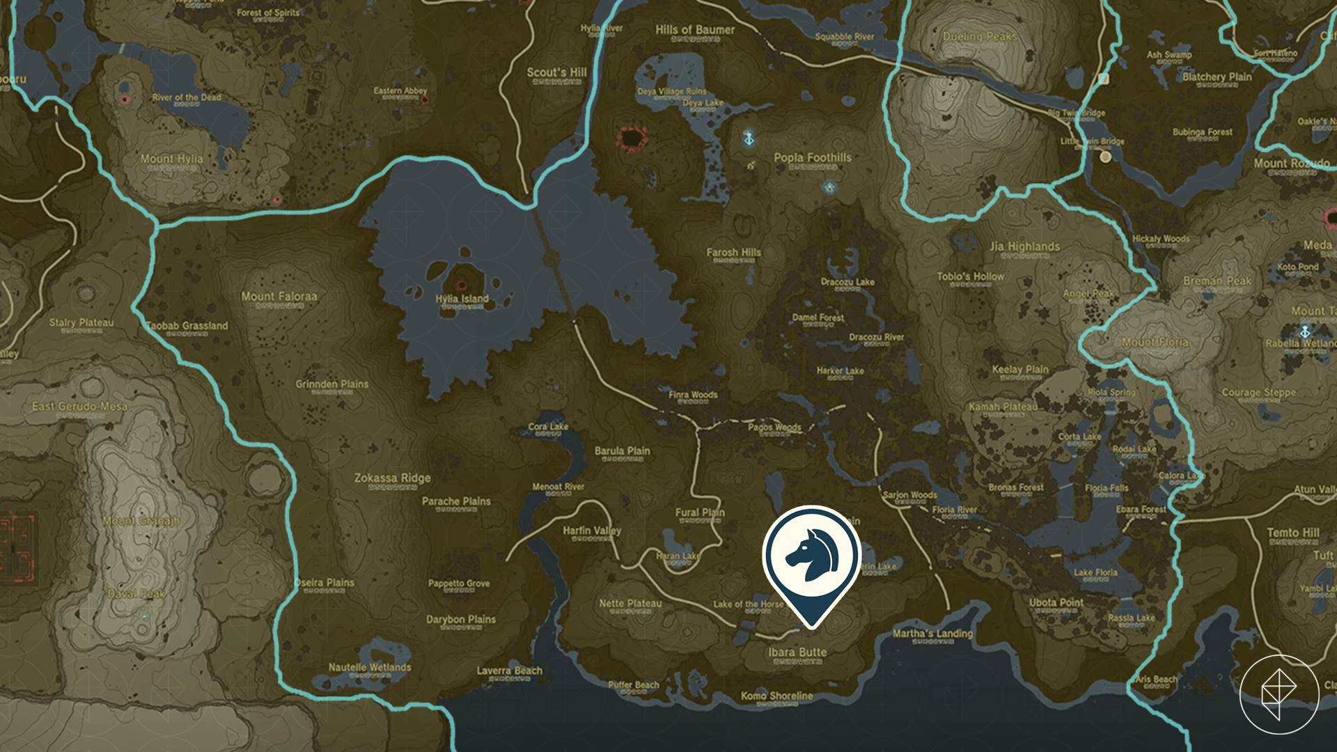 The Legend of Zelda: Tears of the Kingdom map showing the location of the Giant White Stallion near the Lake of the Horse God