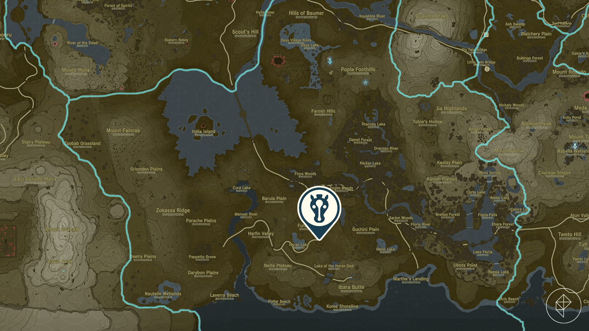The Legend of Zelda: Tears of the Kingdom map showing the location of the Highland Stable