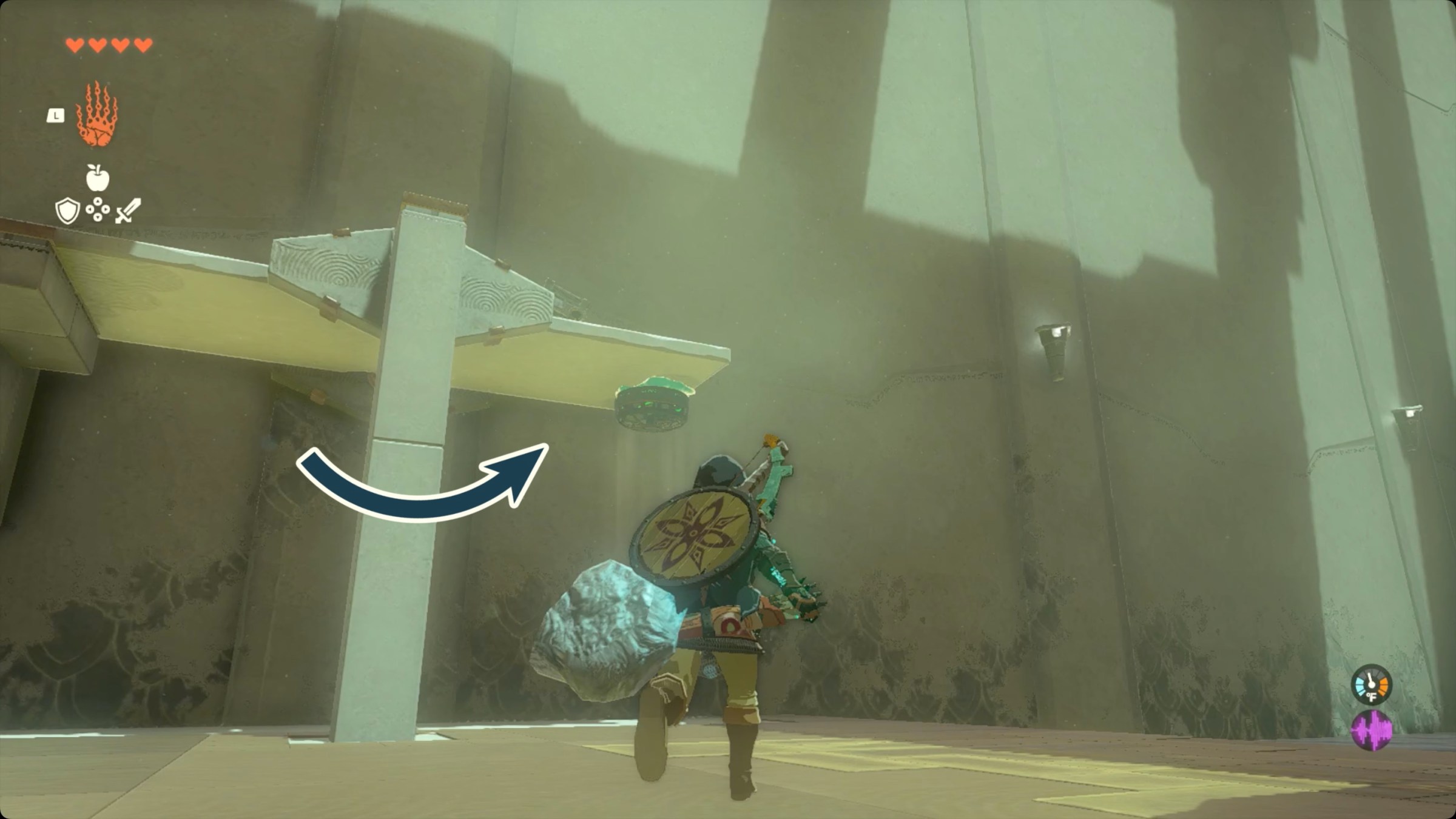 The Legend of Zelda: Tears of the Kingdom - Link using a Zonai fan to lift a seesaw in Ishodag Shrine