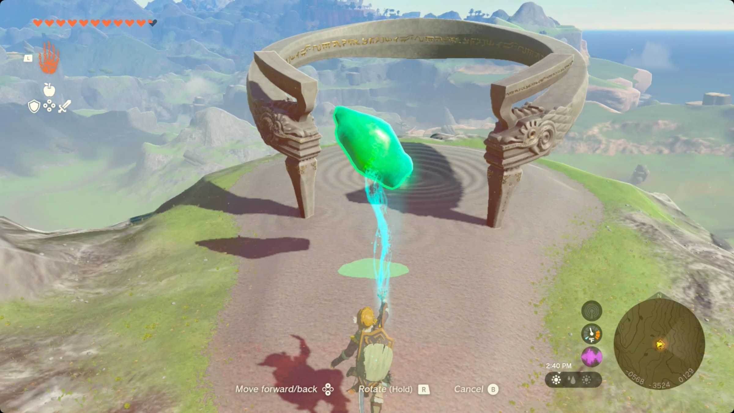 Link uses Ultrahand to carry a crystal to Ishokin Shrine in The Legend of Zelda: Tears of the Kingdom