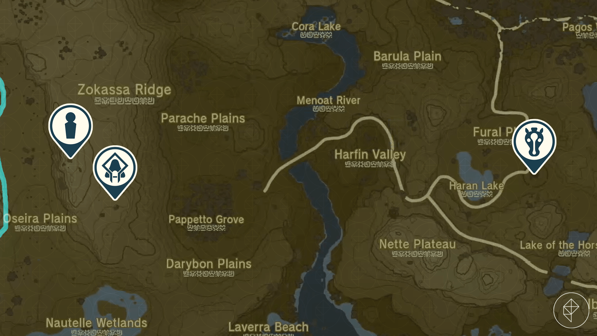 A Zelda: Tears of the Kingdom map shows the locations of Highland Stable, Baddek, and Ishokin Shrine