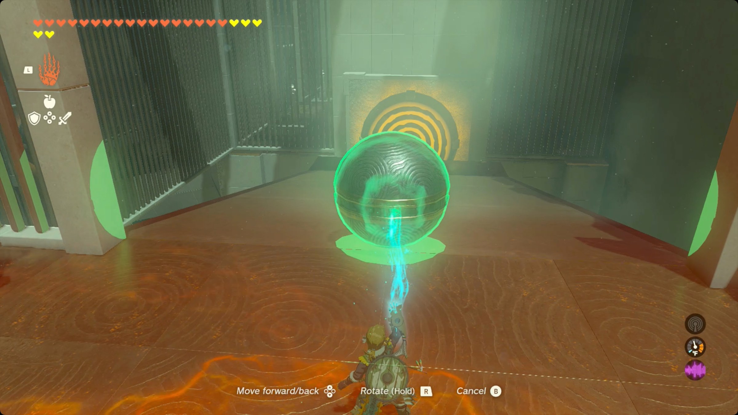 The Legend of Zelda: Tears of the Kingdom Link using Ultrahand to roll a ball down a ramp in Iun-orok Shrine