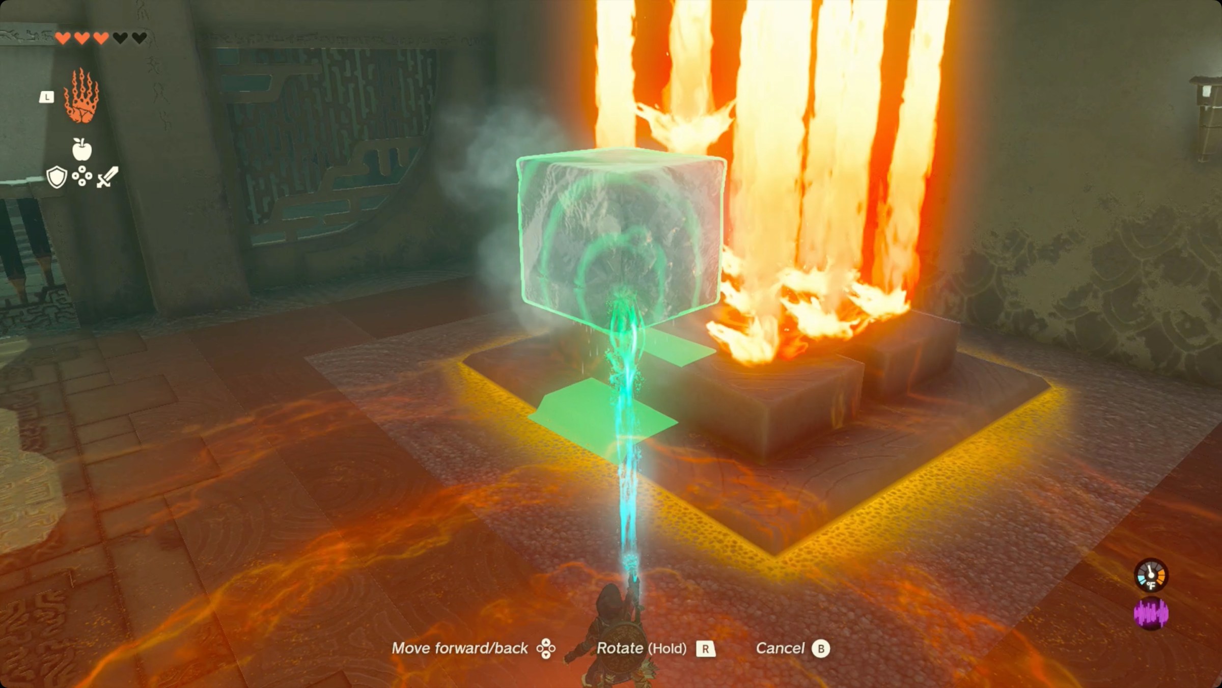 The Legend of Zelda: Tears of the Kingdom Link melting a block of ice with fire.