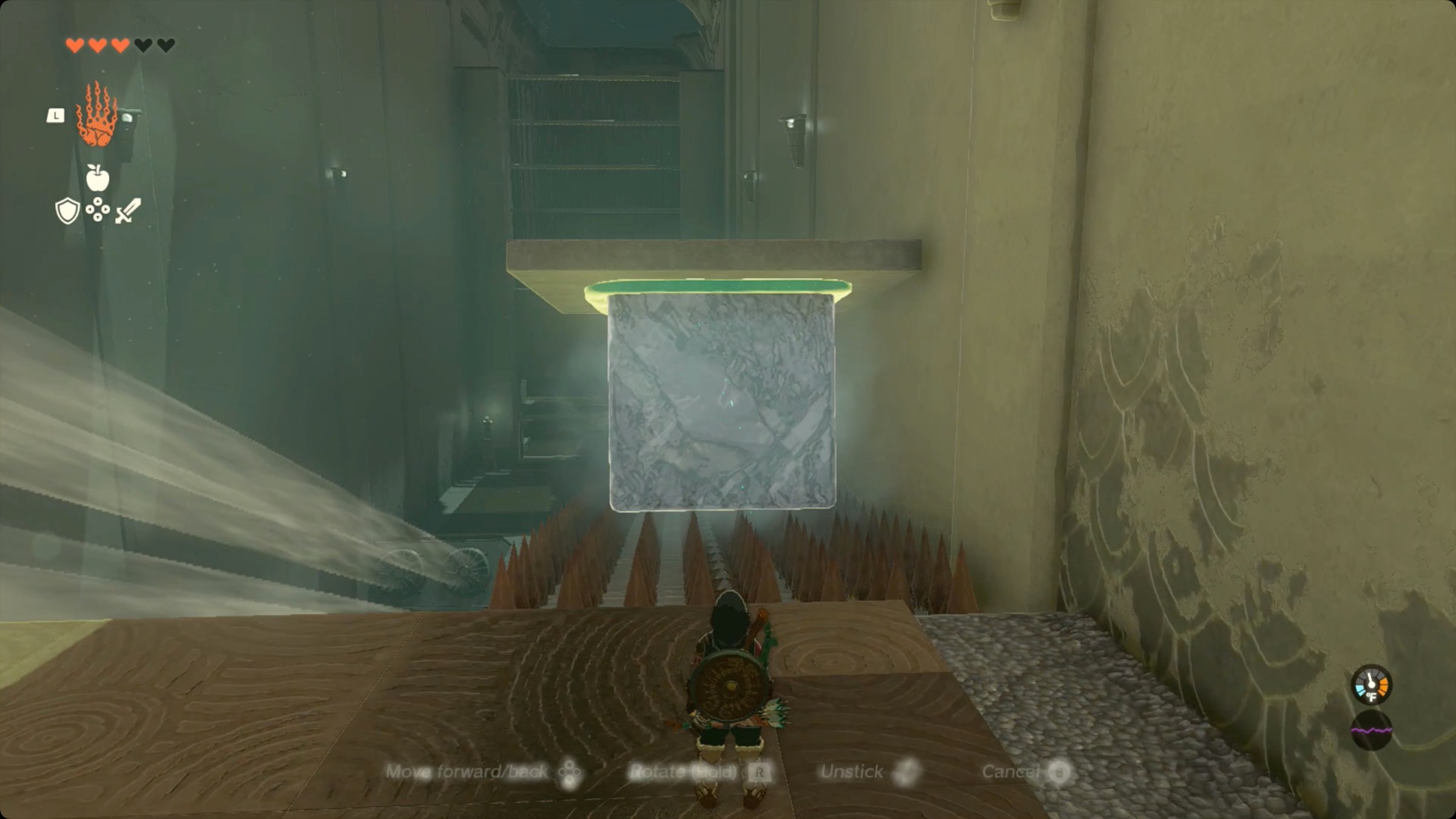 The Legend of Zelda: Tears of the Kingdom a giant block of ice with a stone panel on top sliding along a spiked slope in Kiuyoyou Shrine