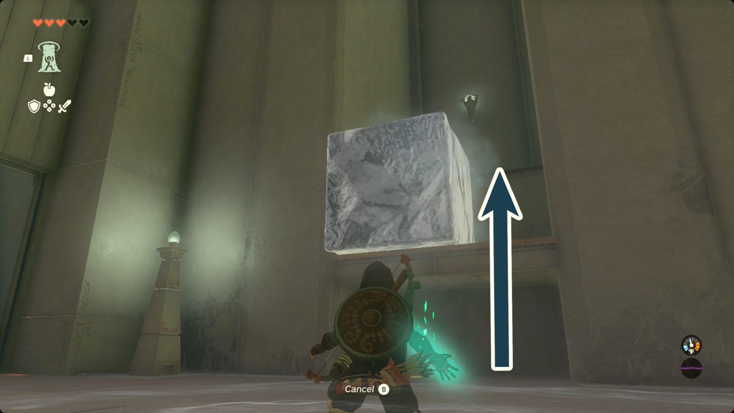 The Legend of Zelda: Tears of the Kingdom Link placing the block of ice in Kiuyoyou Shrine to reach the chest