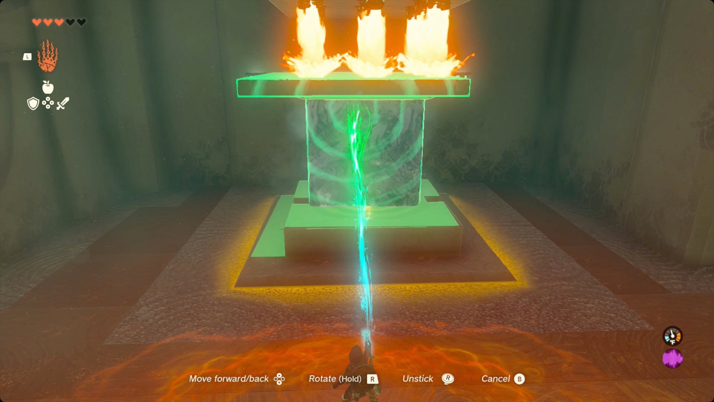 The Legend of Zelda: Tears of the Kingdom Link placing a block of ice with a stone panel attached to the top on a button in Kiuyoyou Shrine.