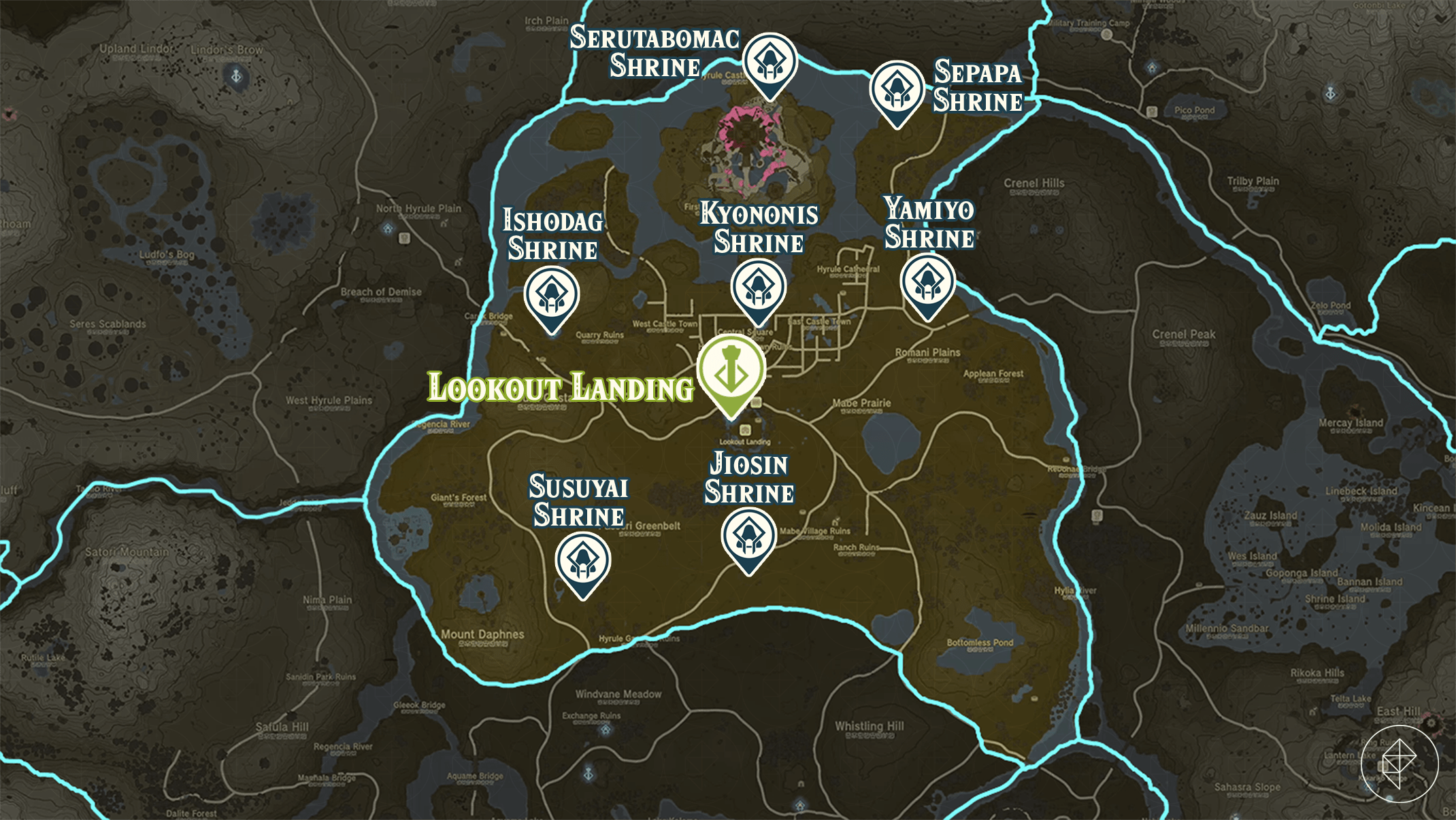 Zelda Tears of the Kingdom map of the Lookout Landing region with shrine locations marked