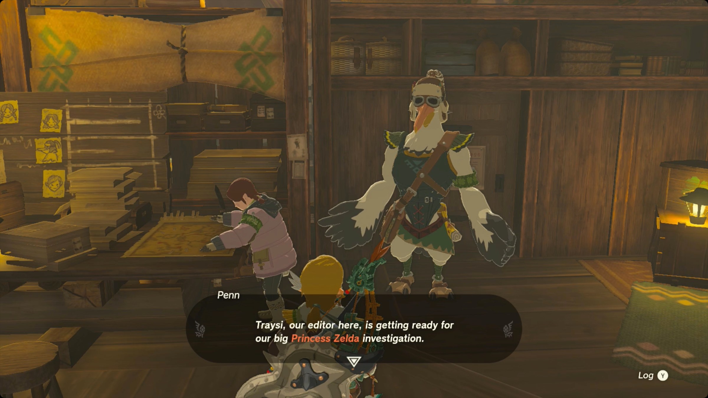 The Legend of Zelda: Tears of the Kingdom Link speaking with Traysi and Penn in the Lucky Clover Gazette