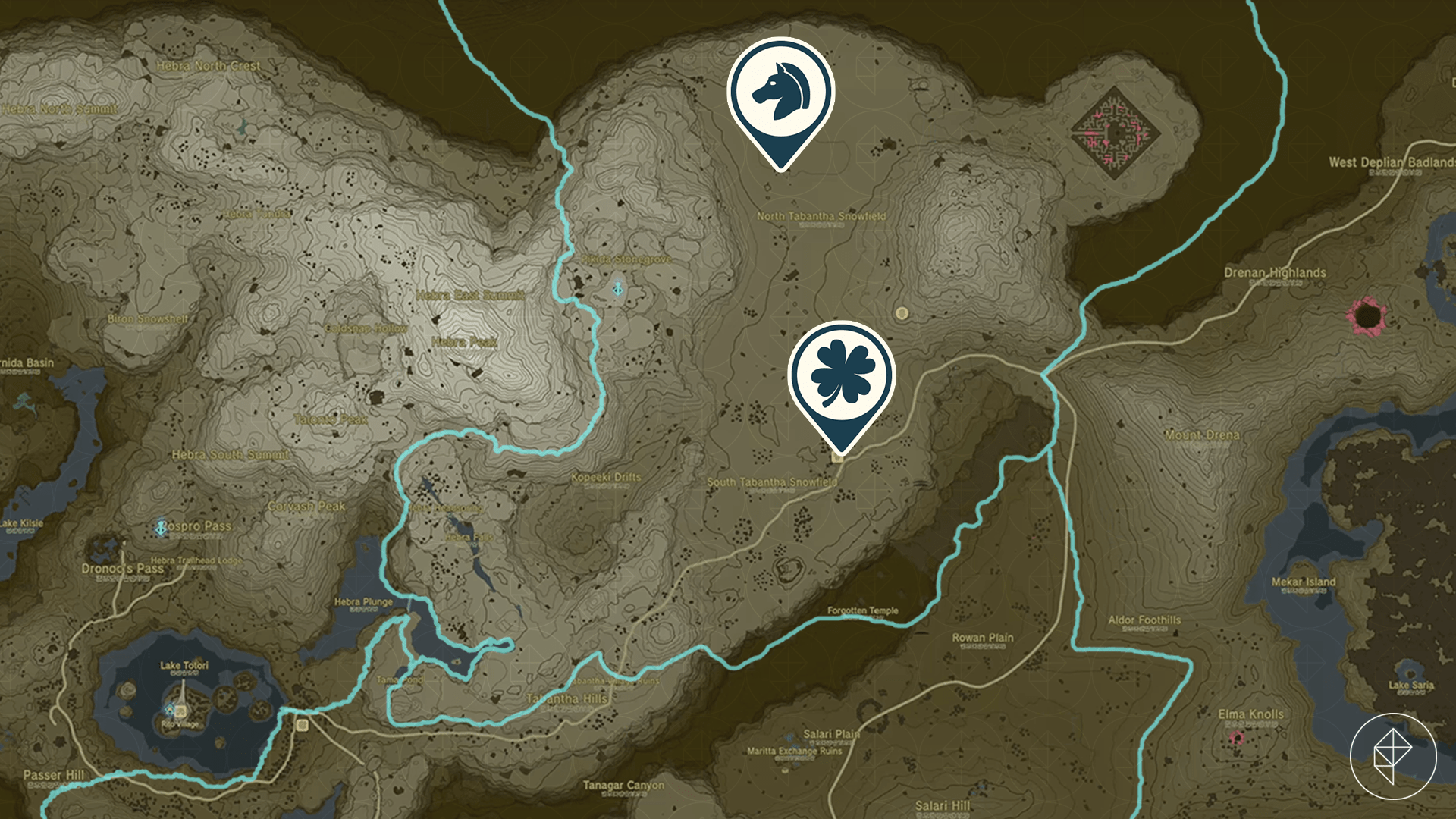 The Legend of Zelda: Tears of the Kingdom map showing the location of the Snowfield Stable // Zelda’s Golden Horse side adventure