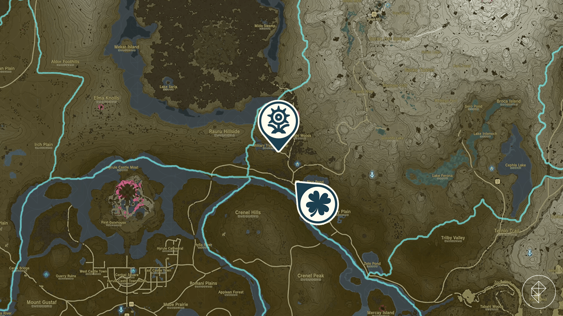 The Legend of Zelda: Tears of the Kingdom map showing the location of the Woodland Stable // Serenade to a Great Fairy side adventure
