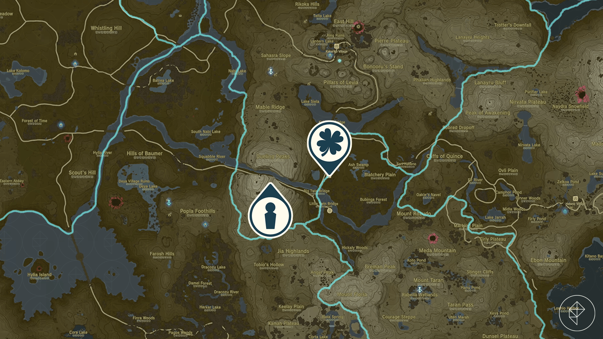 The Legend of Zelda: Tears of the Kingdom map showing the location of the Dueling Peaks Stable // Princess Zelda Kidnapped?! side adventure