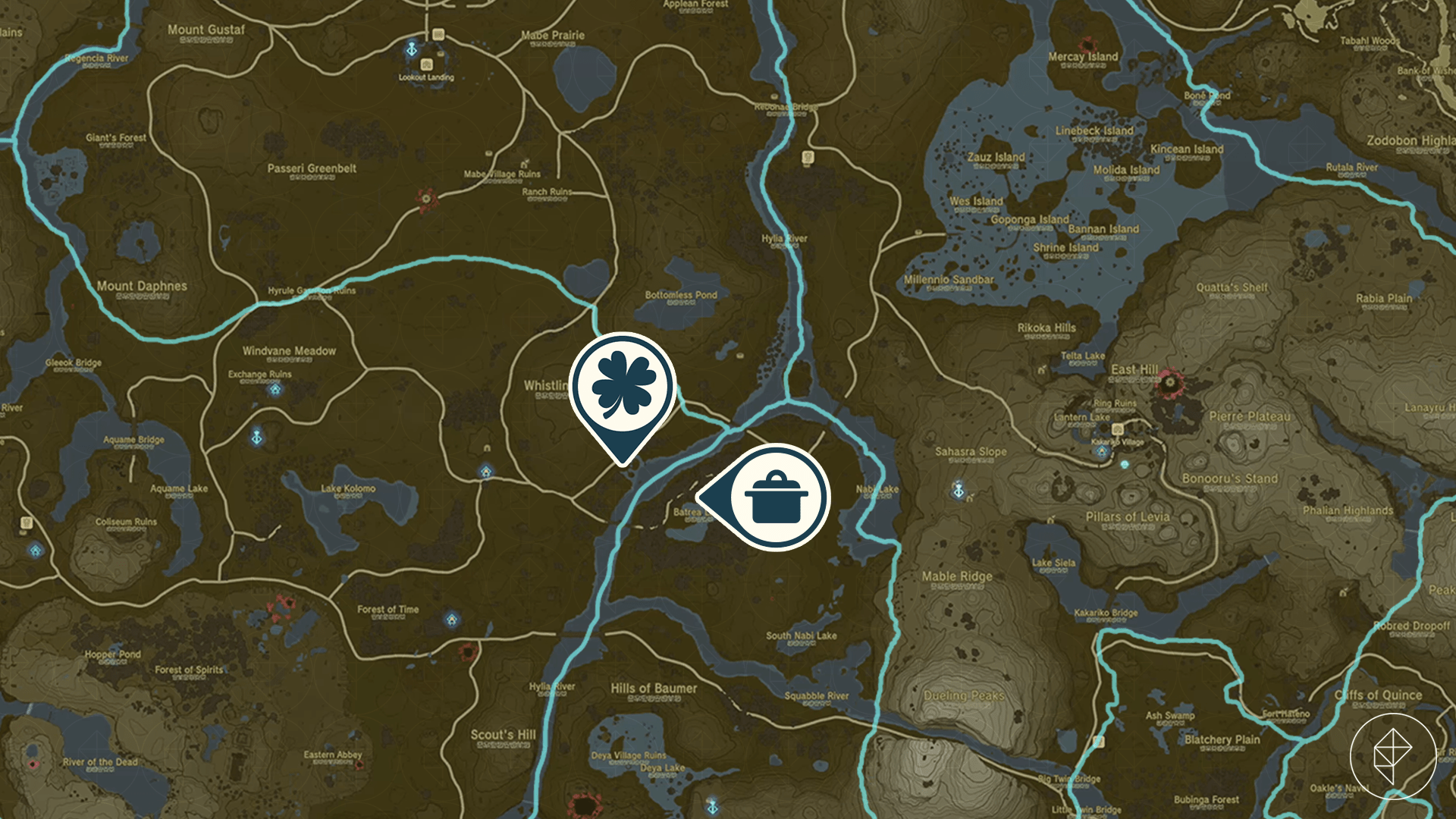 The Legend of Zelda: Tears of the Kingdom map showing the location of the Riverside Stable // Gourmets Gone Missing side adventure