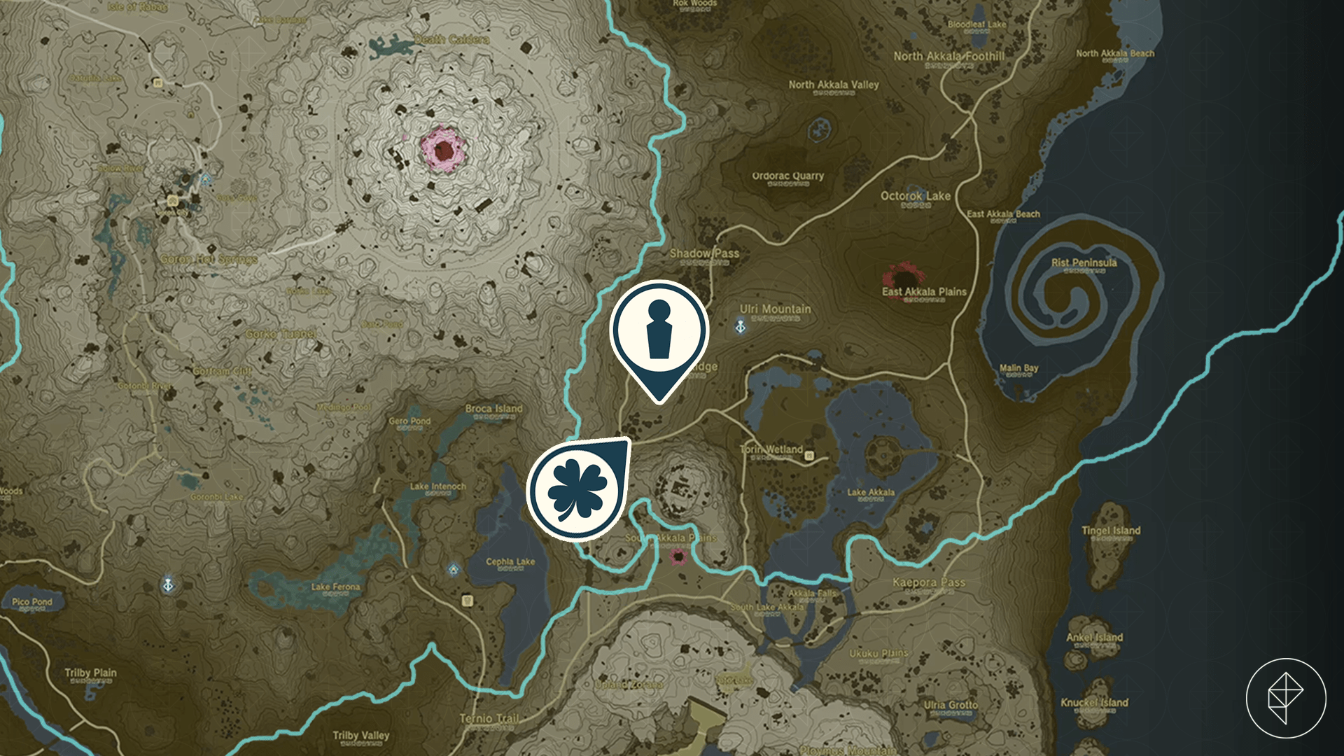 The Legend of Zelda: Tears of the Kingdom map showing the location of the South Akkala Stable // All-Clucking Cucco side adventure