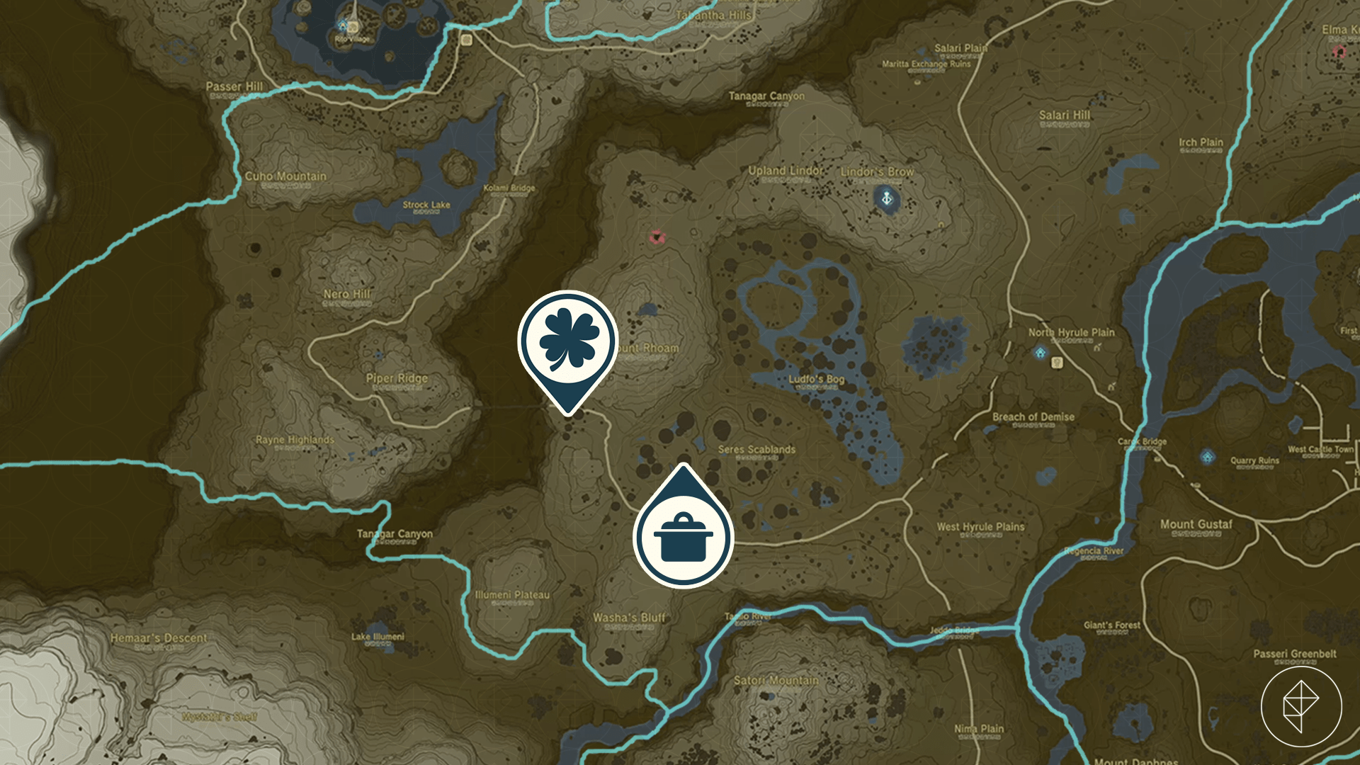 The Legend of Zelda: Tears of the Kingdom map showing the location of the Tabantha Bridge Stable // White Goats Gone Missing side adventure