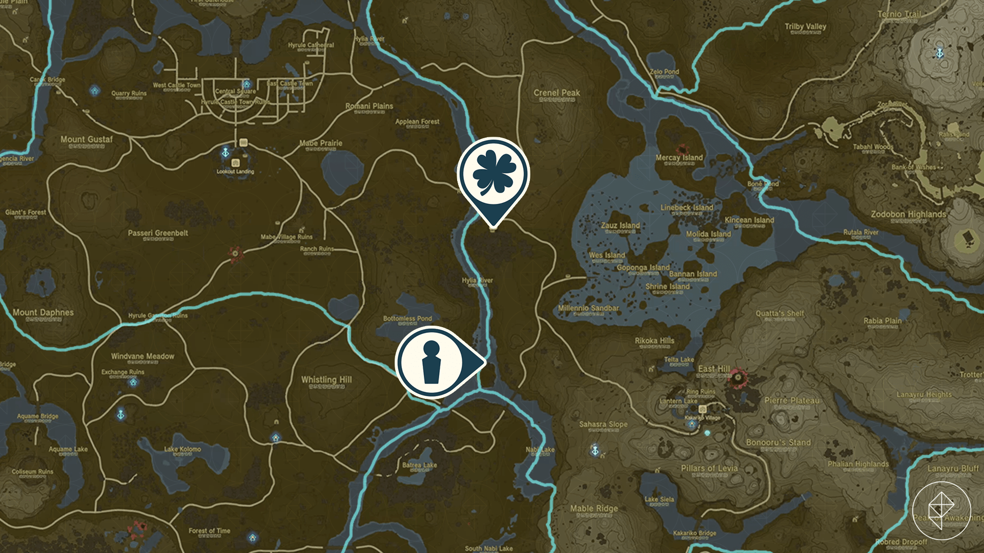 The Legend of Zelda: Tears of the Kingdom map showing the location of the Wetland Stable // The Missing Farm Tools side adventure