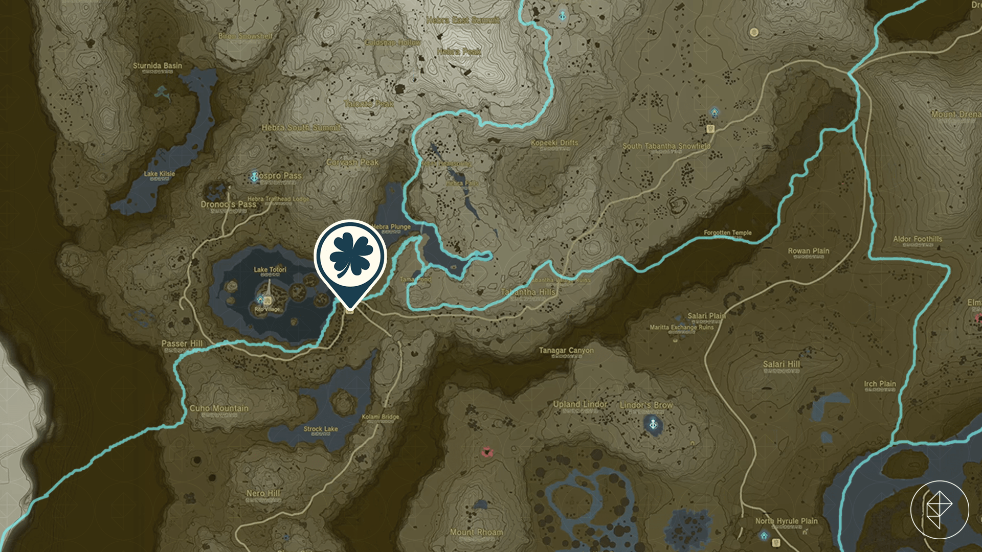 The Legend of Zelda: Tears of the Kingdom map showing the location of the Lucky Clover Gazette.