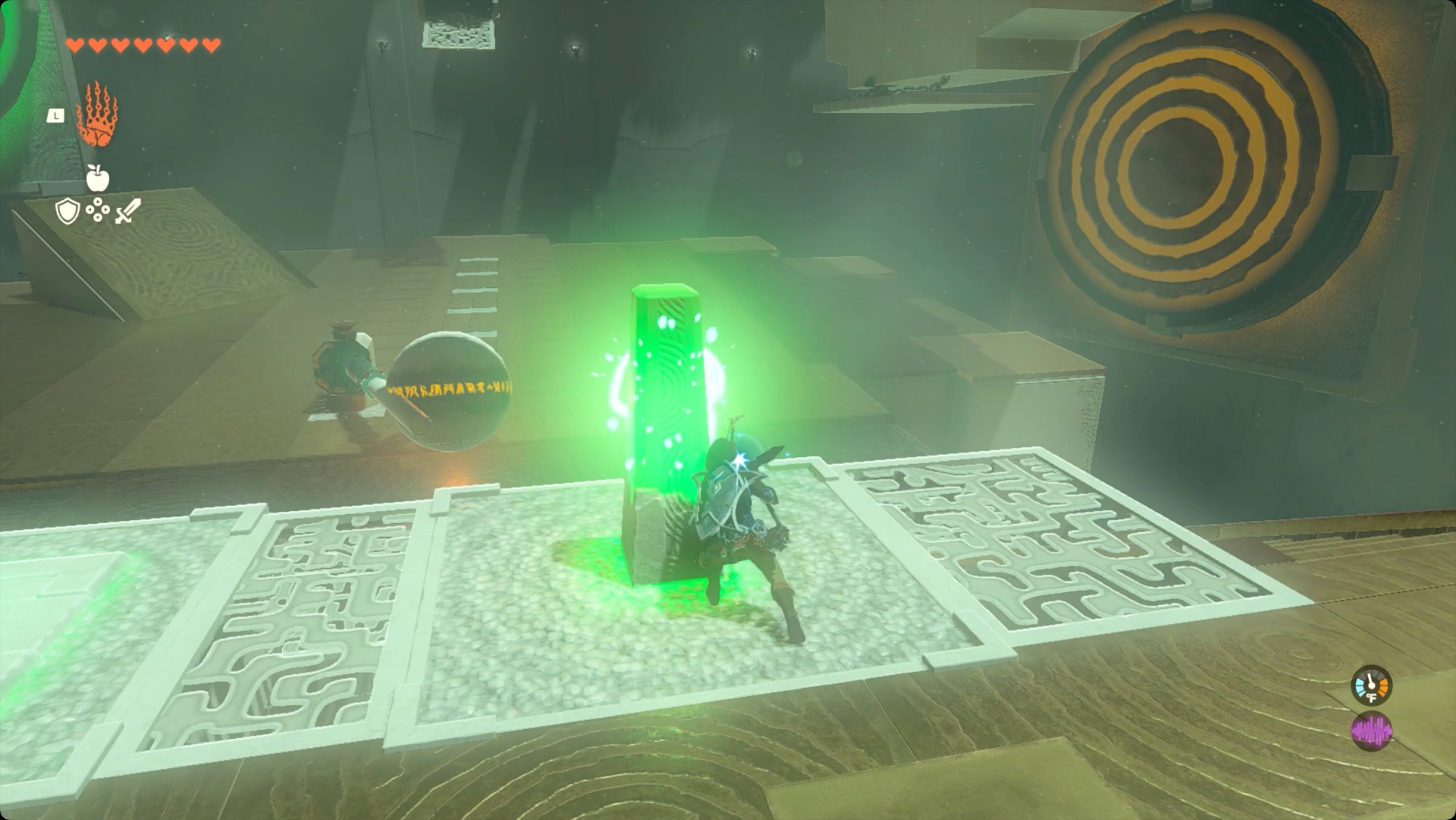 In The Legend of Zelda: Tears of the Kingdom, Link uses his Zonai contraption in Mayachin Shrine to hit a ball.