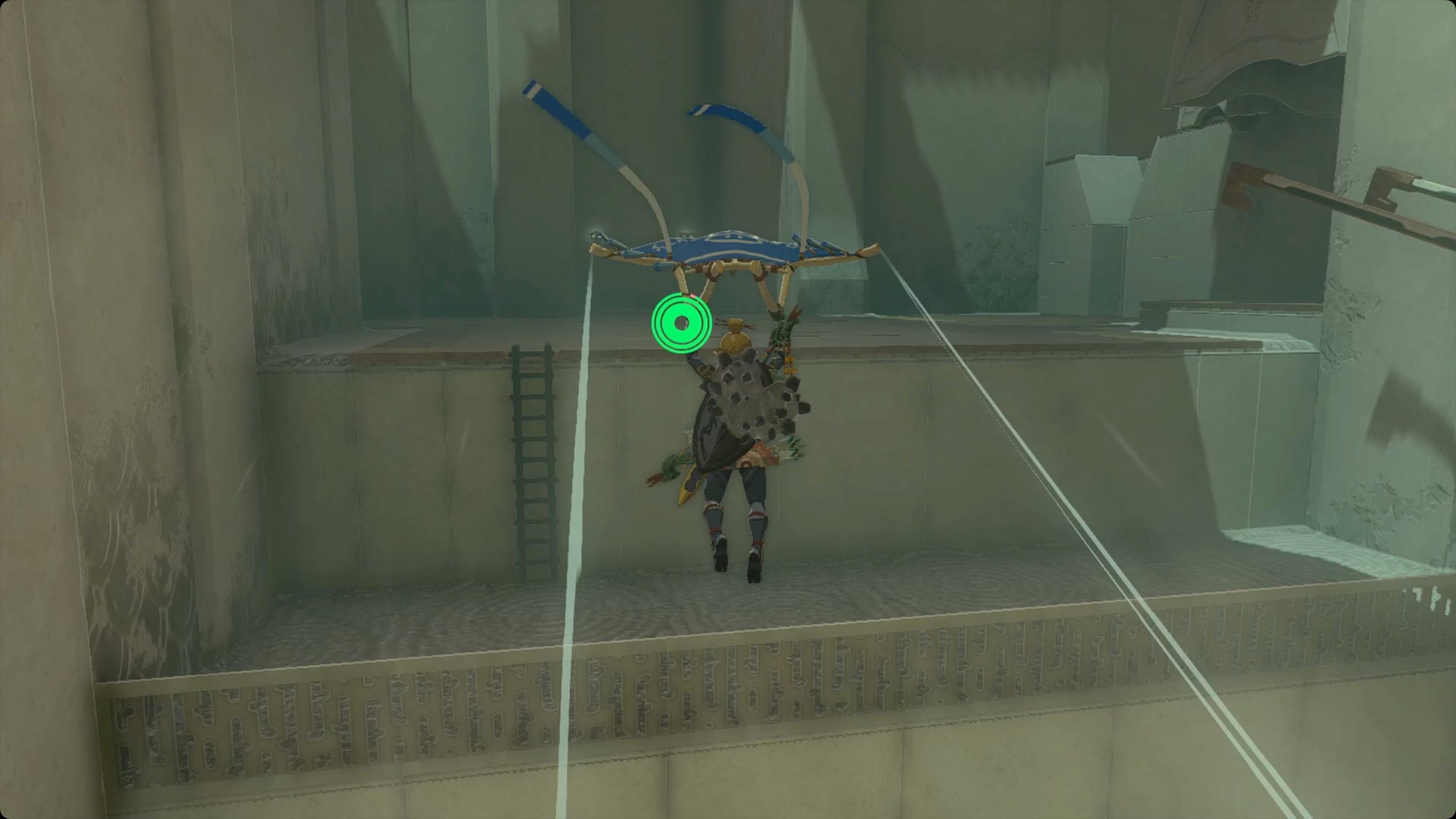 The Legend of Zelda: Tears of the Kingdom Link riding wind from an air vent in Mayamats Shrine