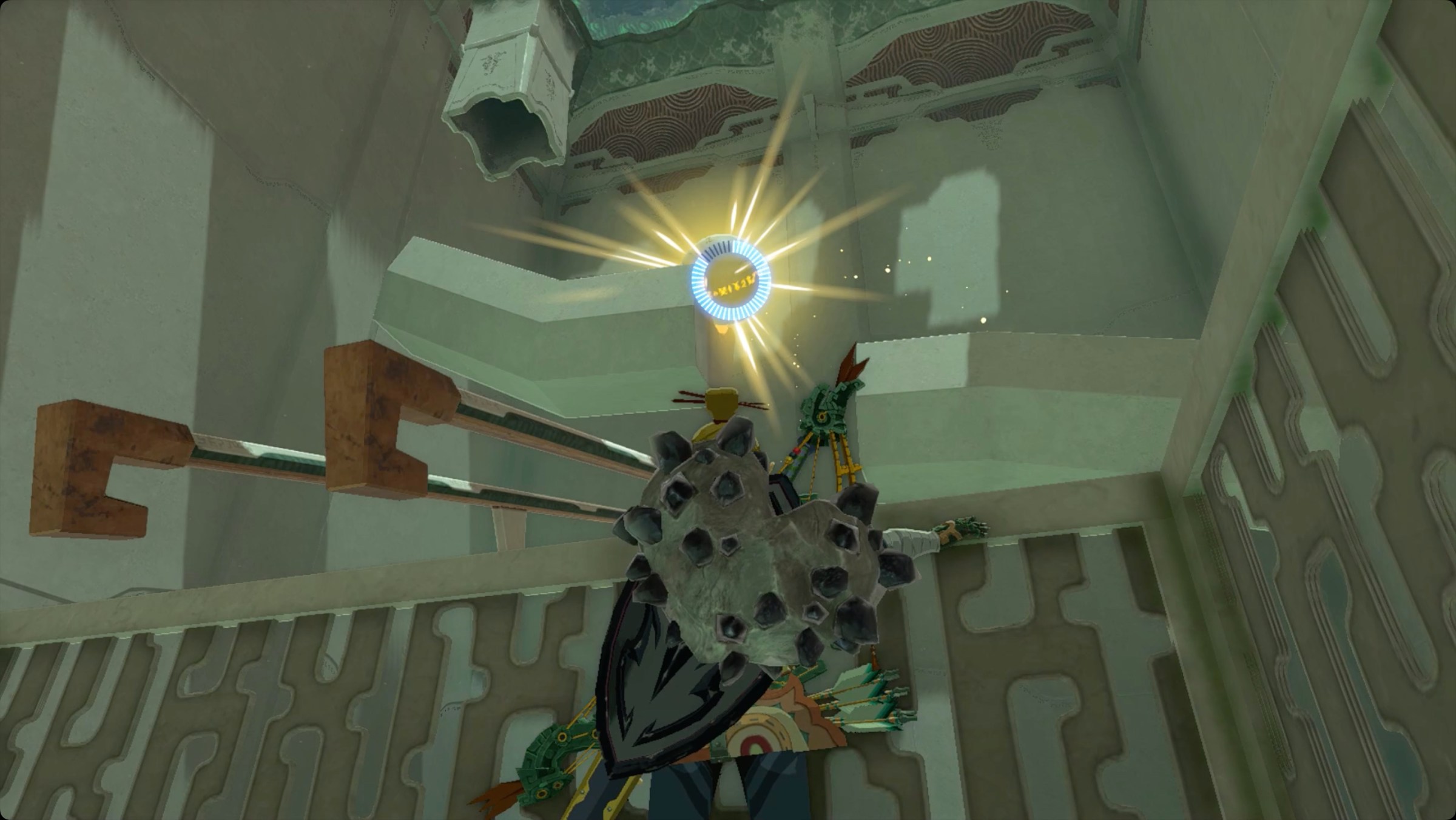 The Legend of Zelda: Tears of the Kingdom Link using Recall to stop a rolling ball in Mayamats Shrine