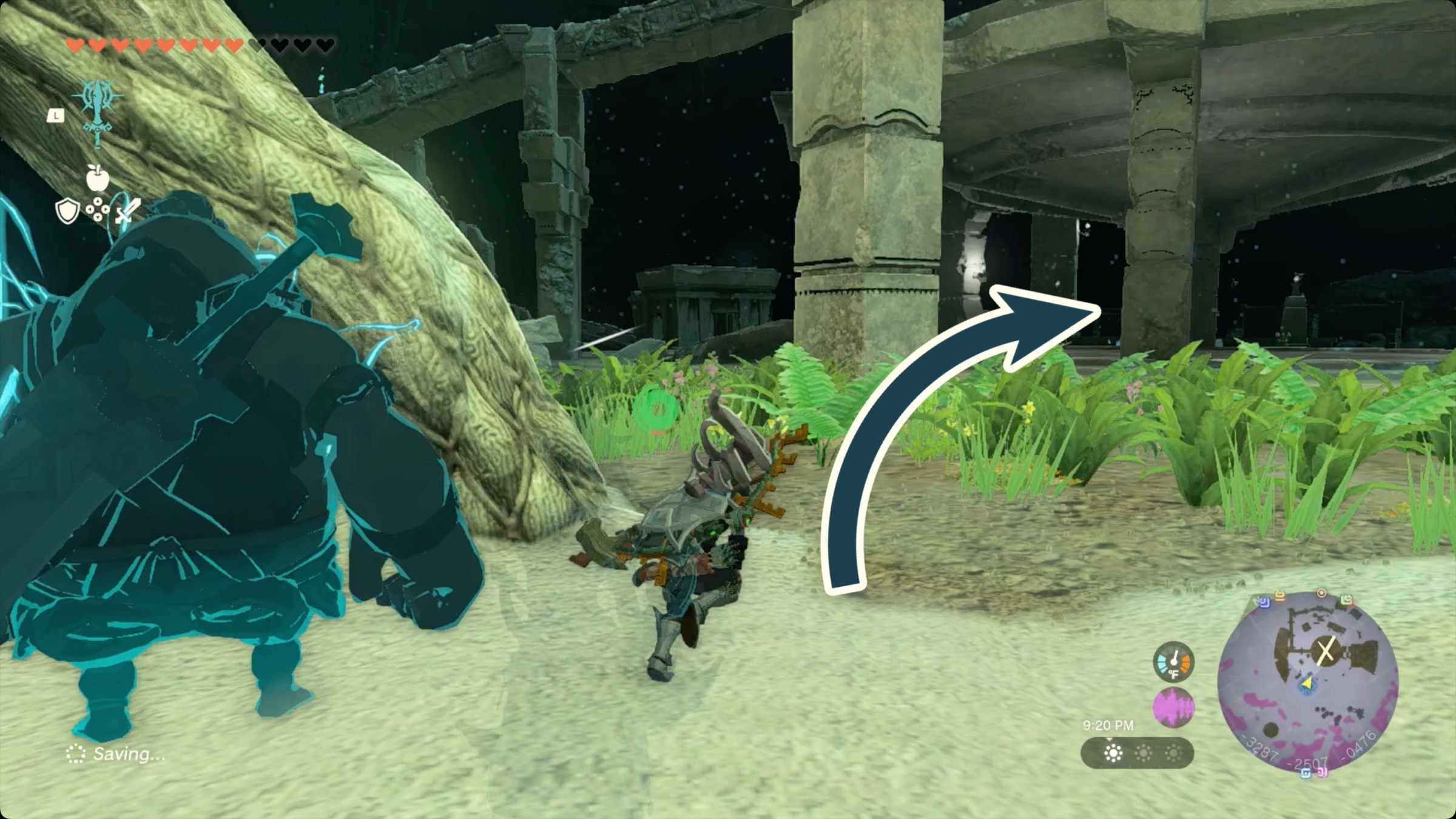 The Legend of Zelda: Tears of the Kingdom Link heading toward the chest containing the Miner’s helm in the Abandoned Kara Kara Mine in the Depths.