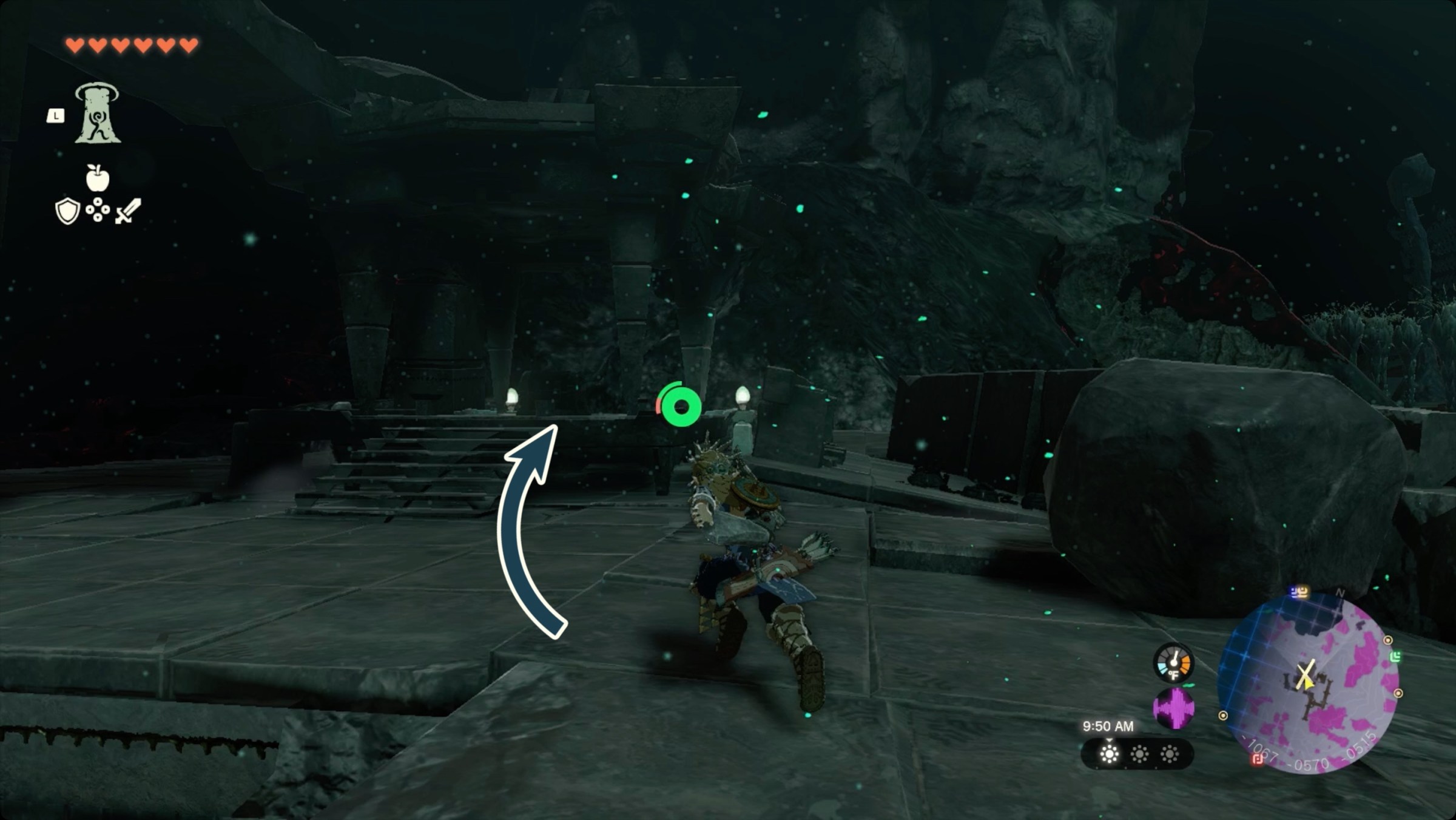 The Legend of Zelda: Tears of the Kingdom Link approaching a chest containing the Miner’s top in Daphnes Canyon Mine in the Depths.