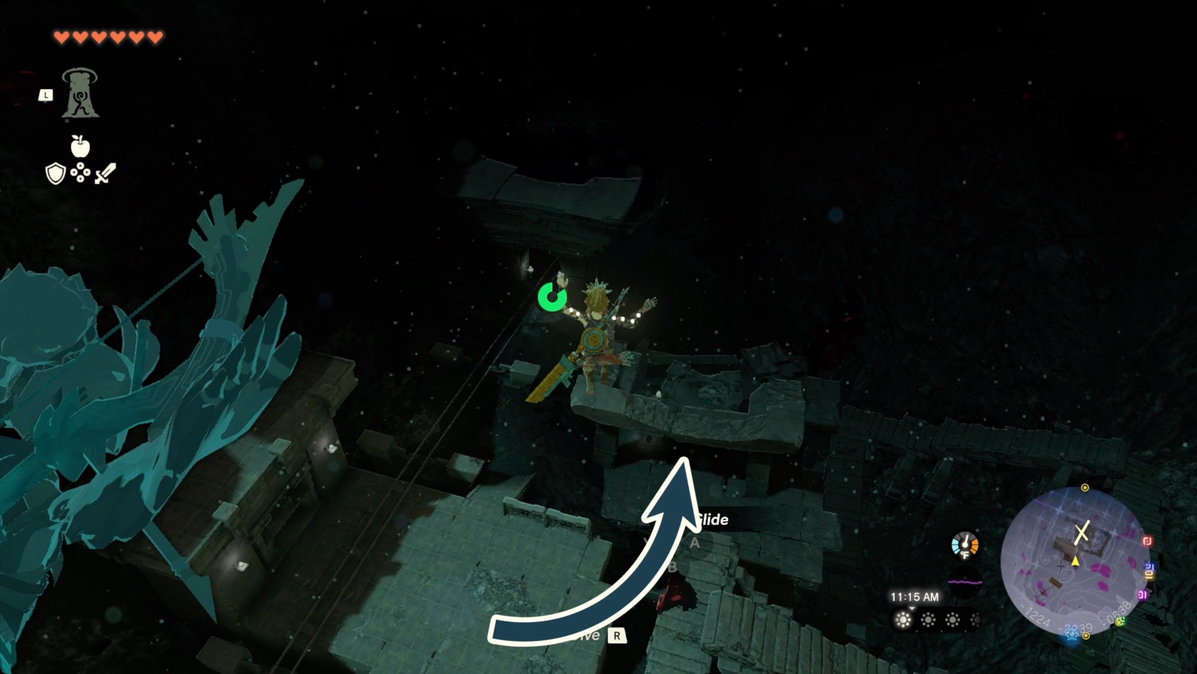 The Legend of Zelda: Tears of the Kingdom Link falling toward the chest containing the Miner’s trousers in Hylia Canyon Mine in the Depths.
