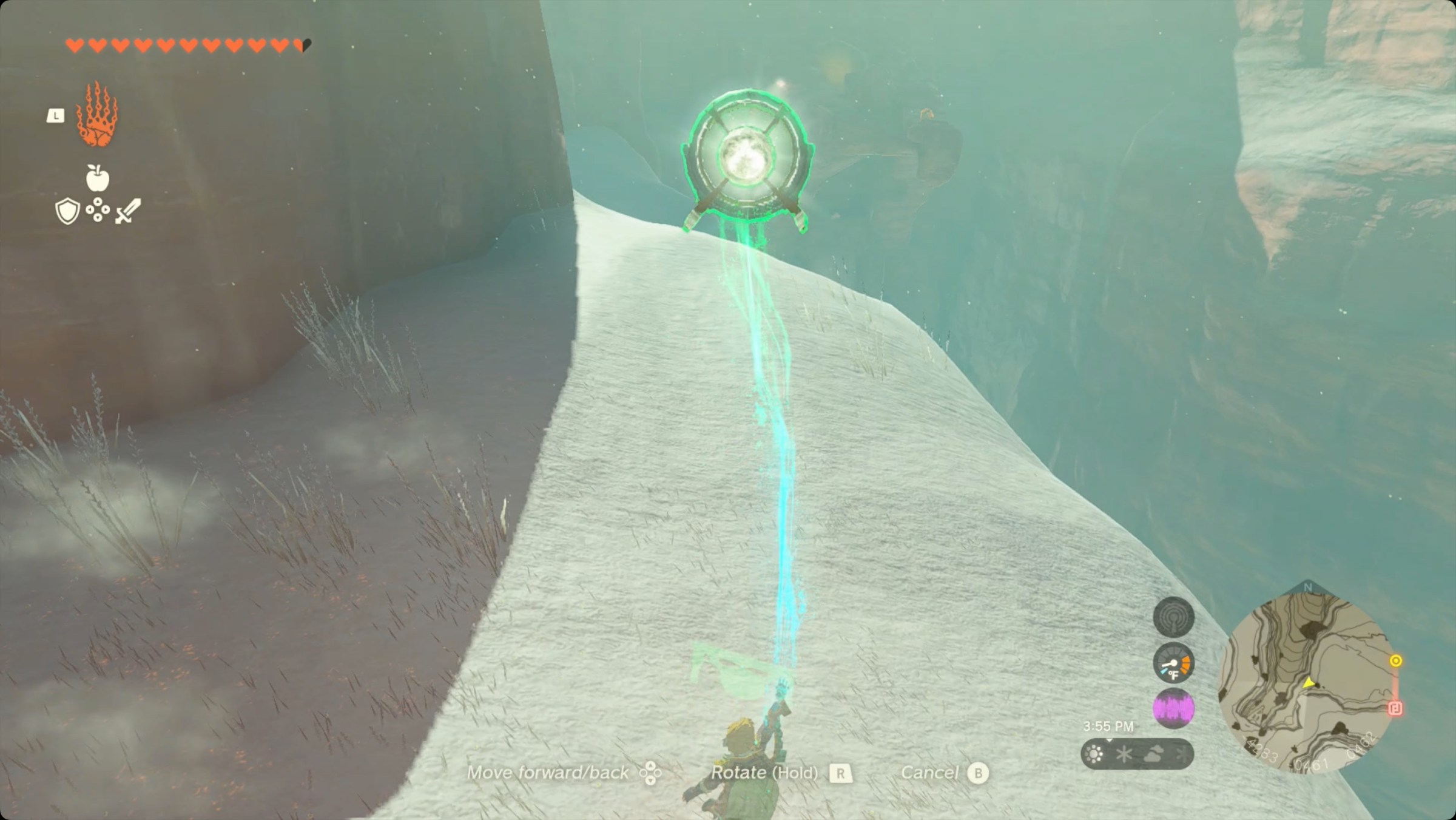 The Legend of Zelda: Tears of the Kingdom Link using Ultrahand to point a mirror at the Statue of the Eighth Heroine.